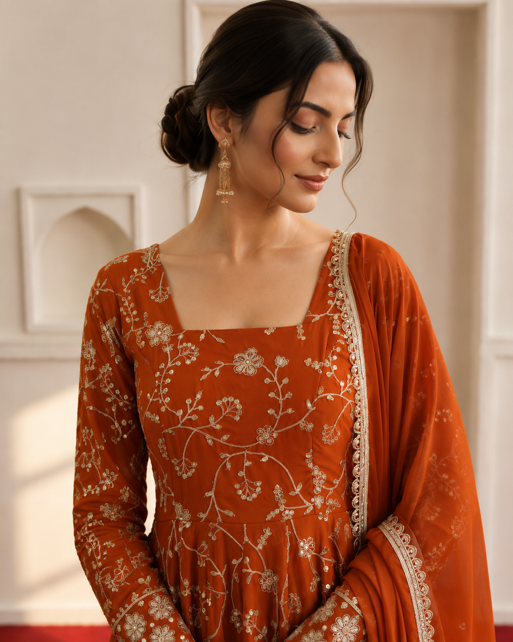 Orange Embroidered Sequence Designer Anarkali Three Piece Set - neck and embroidery detail