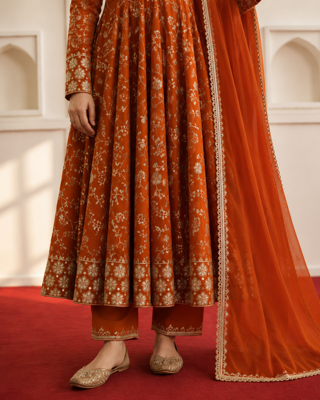 Orange Embroidered Sequence Designer Anarkali Three Piece Set - bottom and dupatta detail