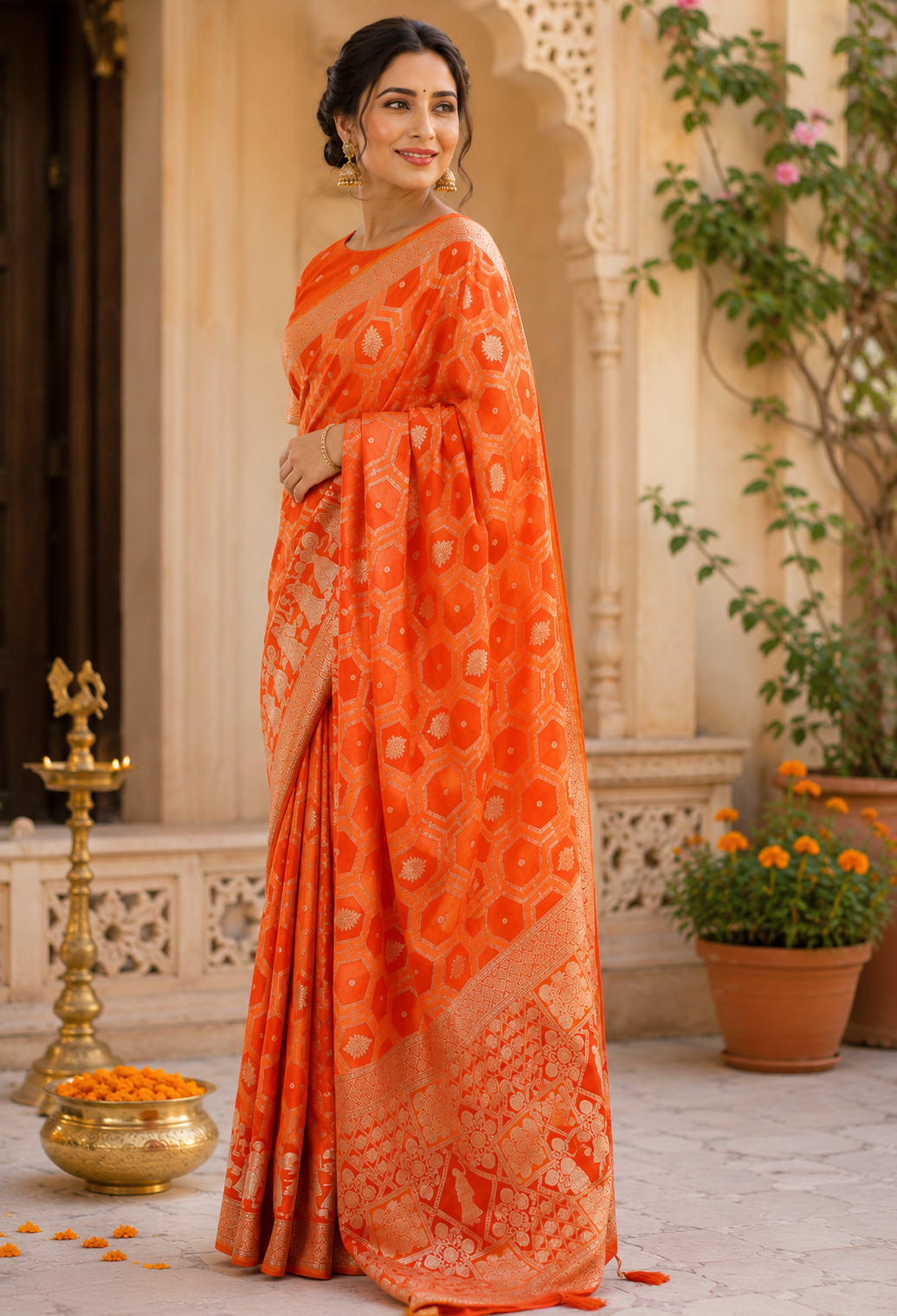 Orange Pure Silk Jari Weave Party Wear Saree - image 2