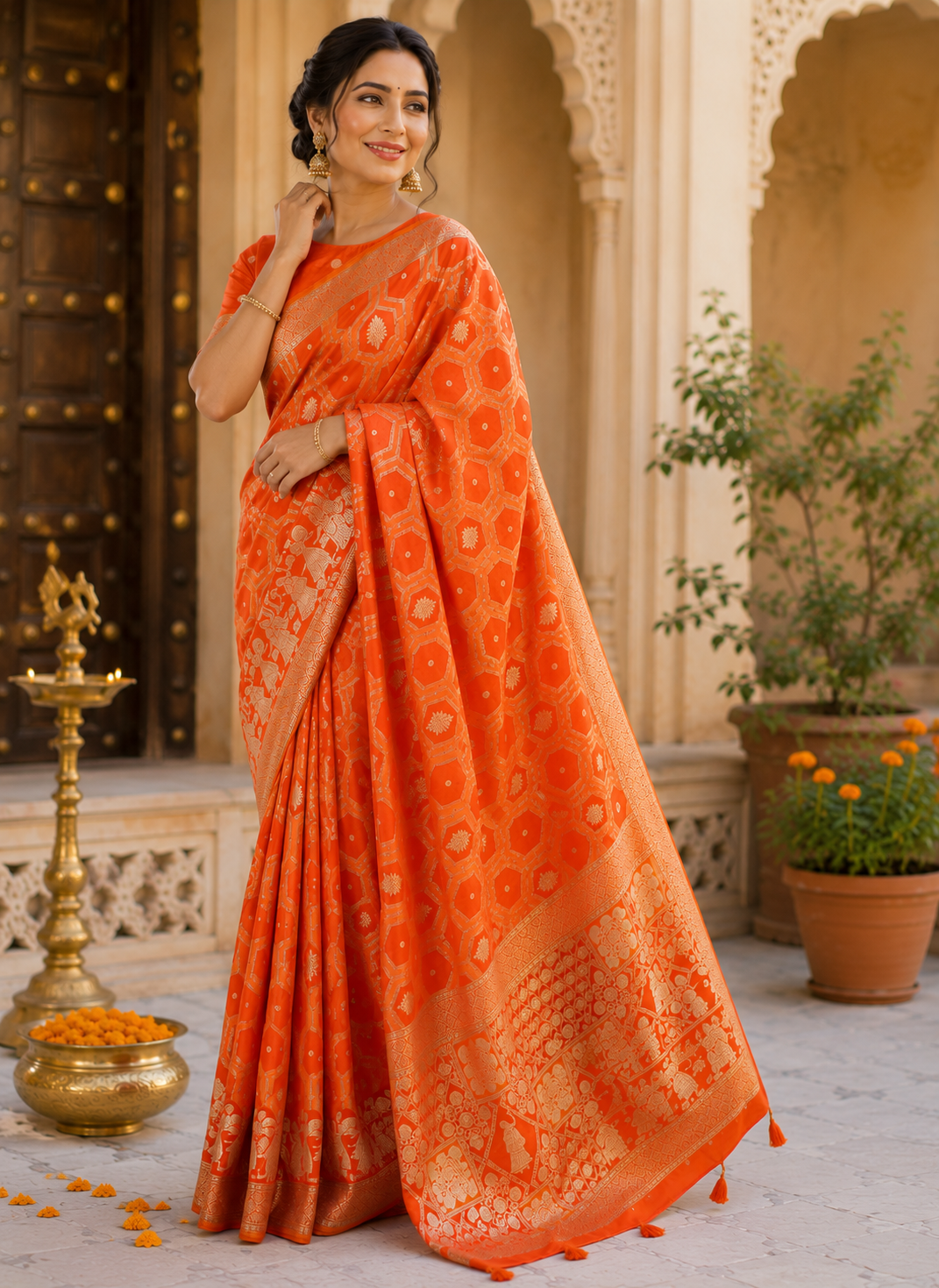 Orange Pure Silk Jari Weave Party Wear Saree - blouse detail