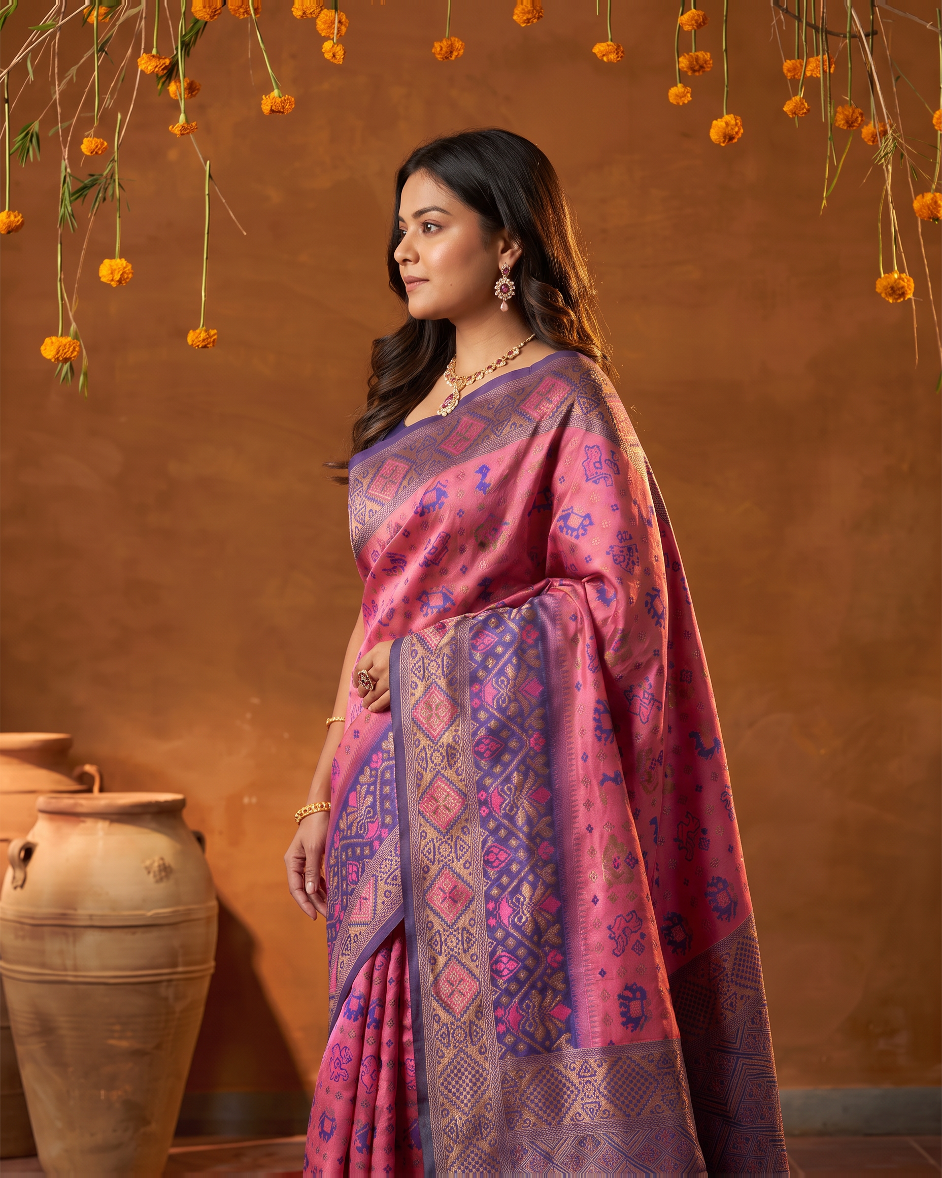 Orchid Blue Silk Saree with Mosaic Zari Pattern - side drape