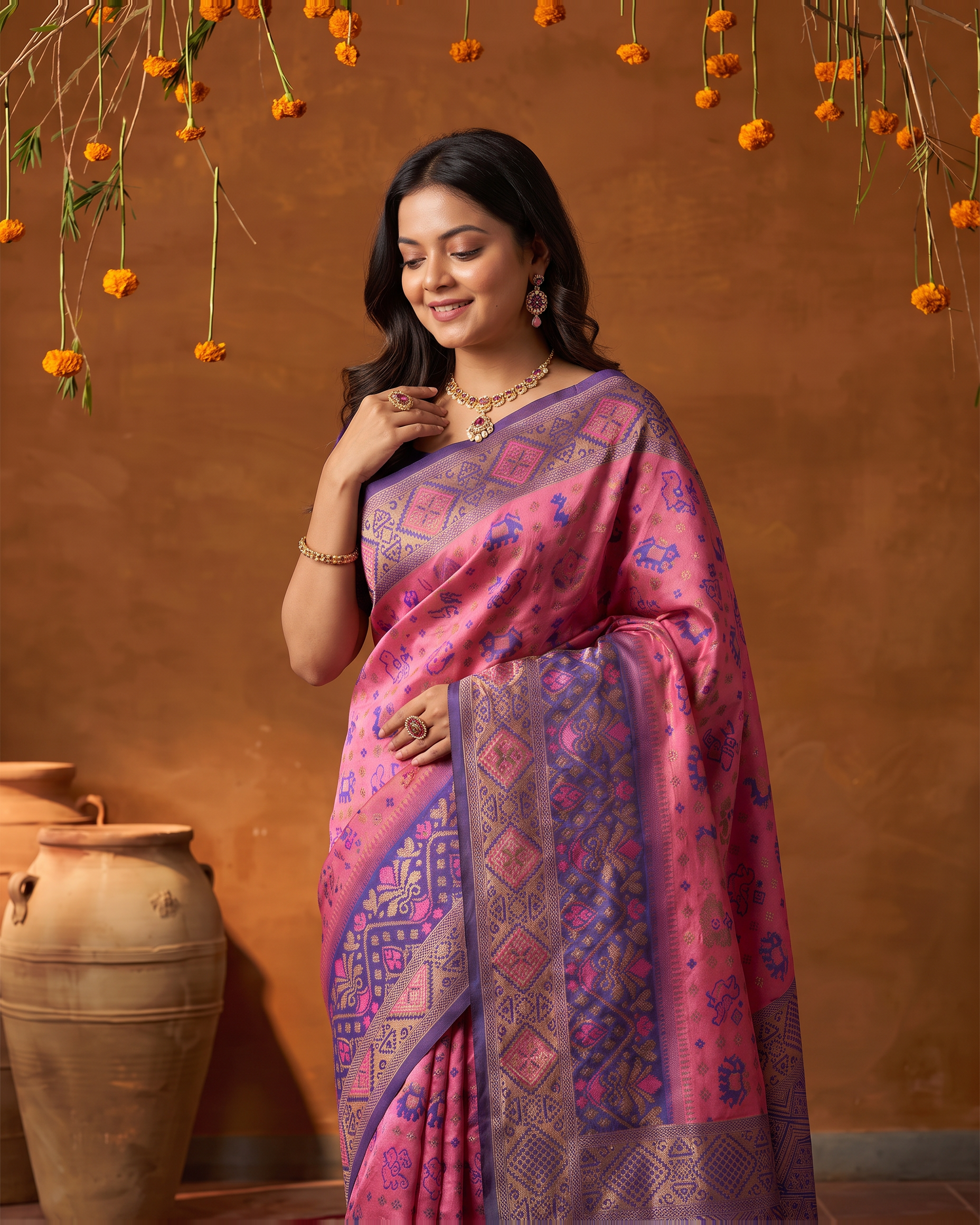 Orchid Blue Silk Saree with Mosaic Zari Pattern - upper closeup