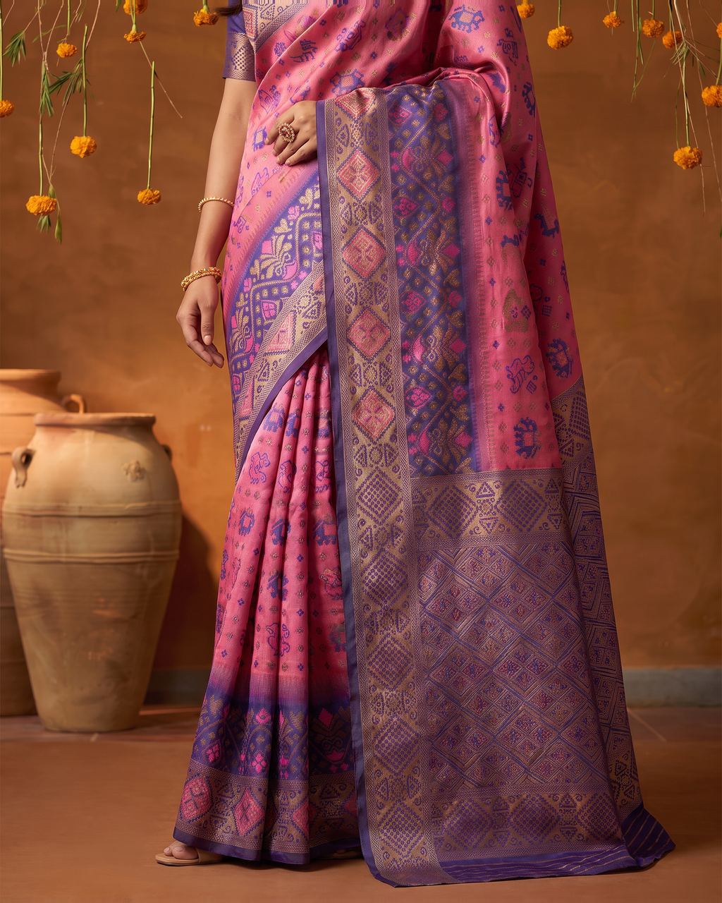 Orchid Blue Silk Saree with Mosaic Zari Pattern - lower closeup