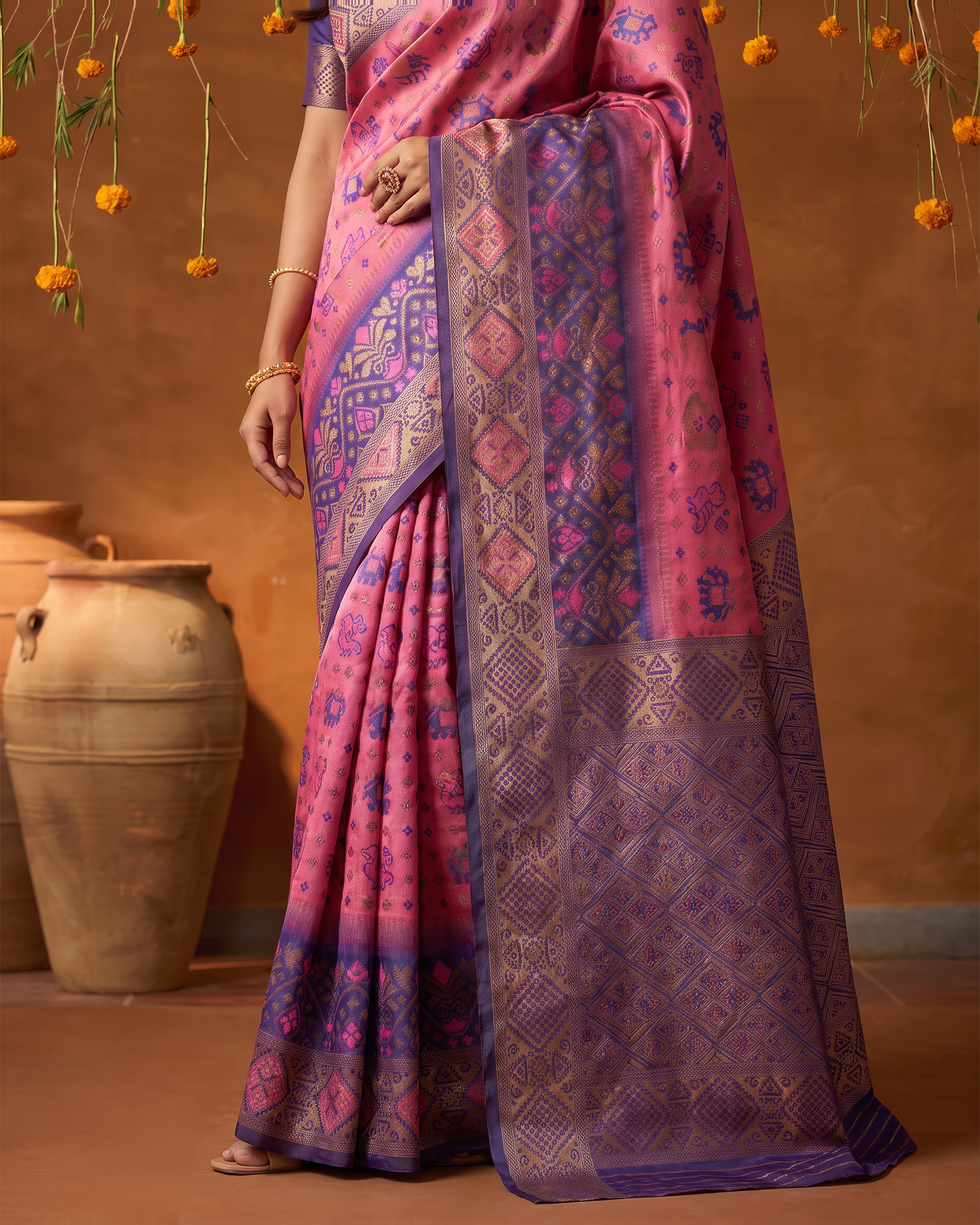 Orchid Blue Silk Saree with Mosaic Zari Pattern - lower closeup