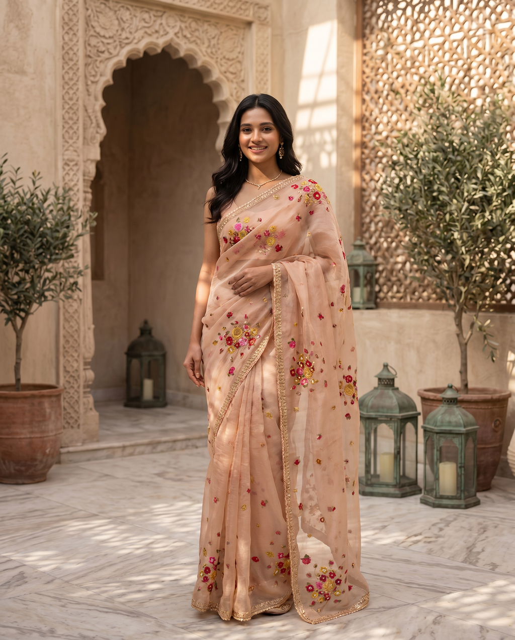 Organza Blush Pink Saree with Multicolor Floral Embroidery & Designer Blouse - output 0 - 02 hero