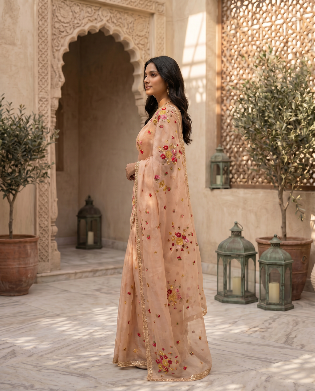Organza Blush Pink Saree with Multicolor Floral Embroidery & Designer Blouse - output 0 - 03 side
