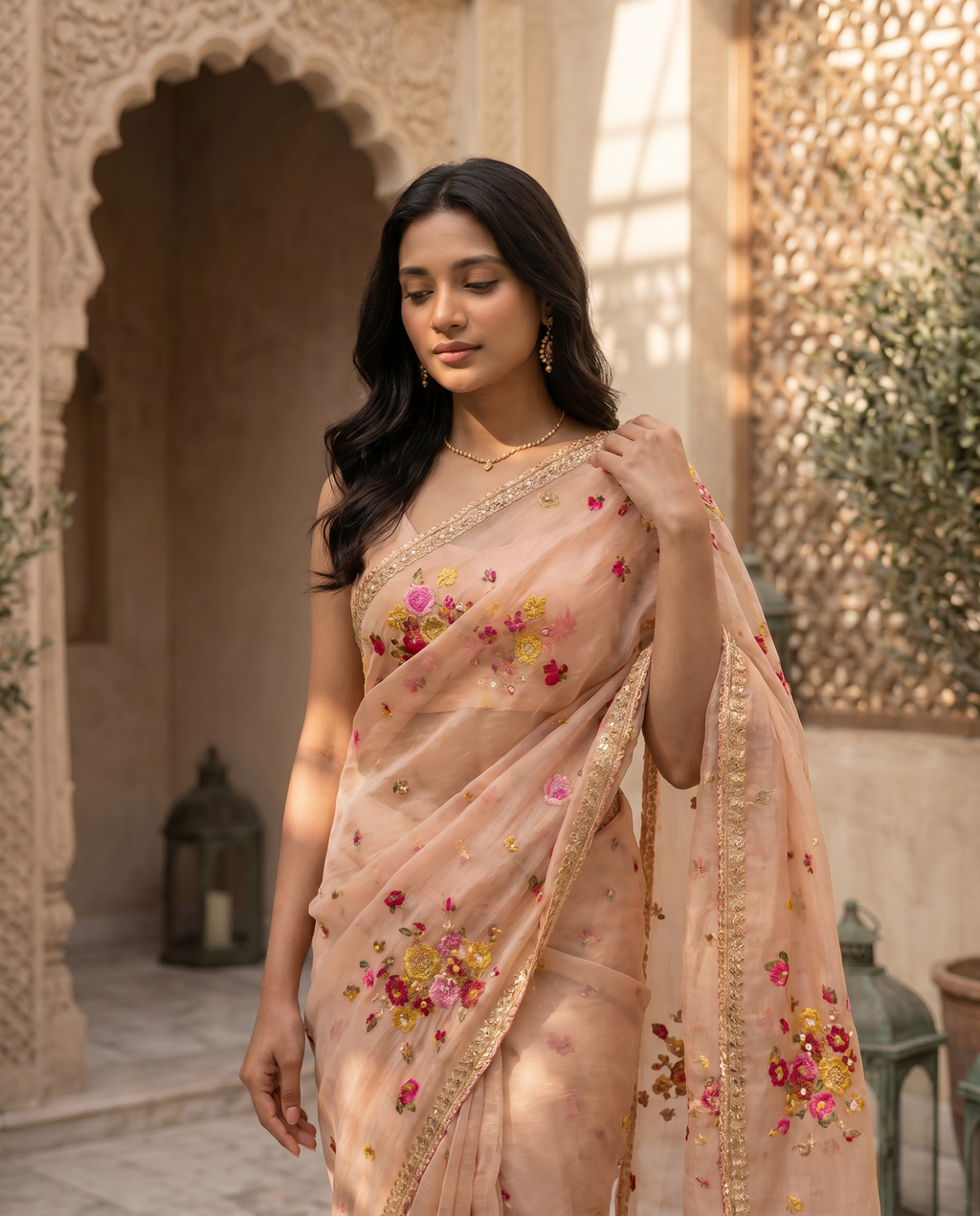 Organza Blush Pink Saree with Multicolor Floral Embroidery & Designer Blouse - output 0 - 04 upper closeup