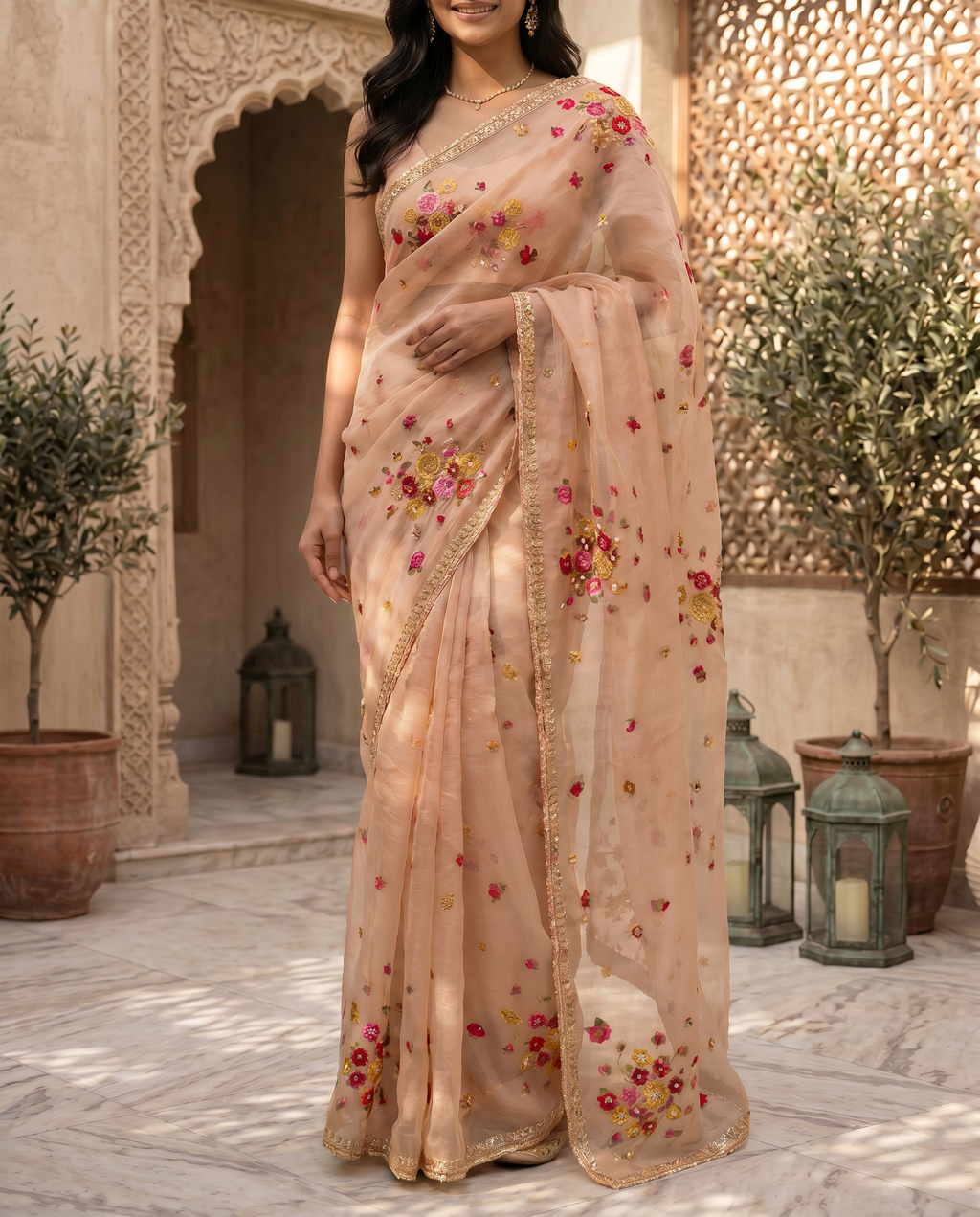Organza Blush Pink Saree with Multicolor Floral Embroidery & Designer Blouse - output 0 - 05 lower closeup