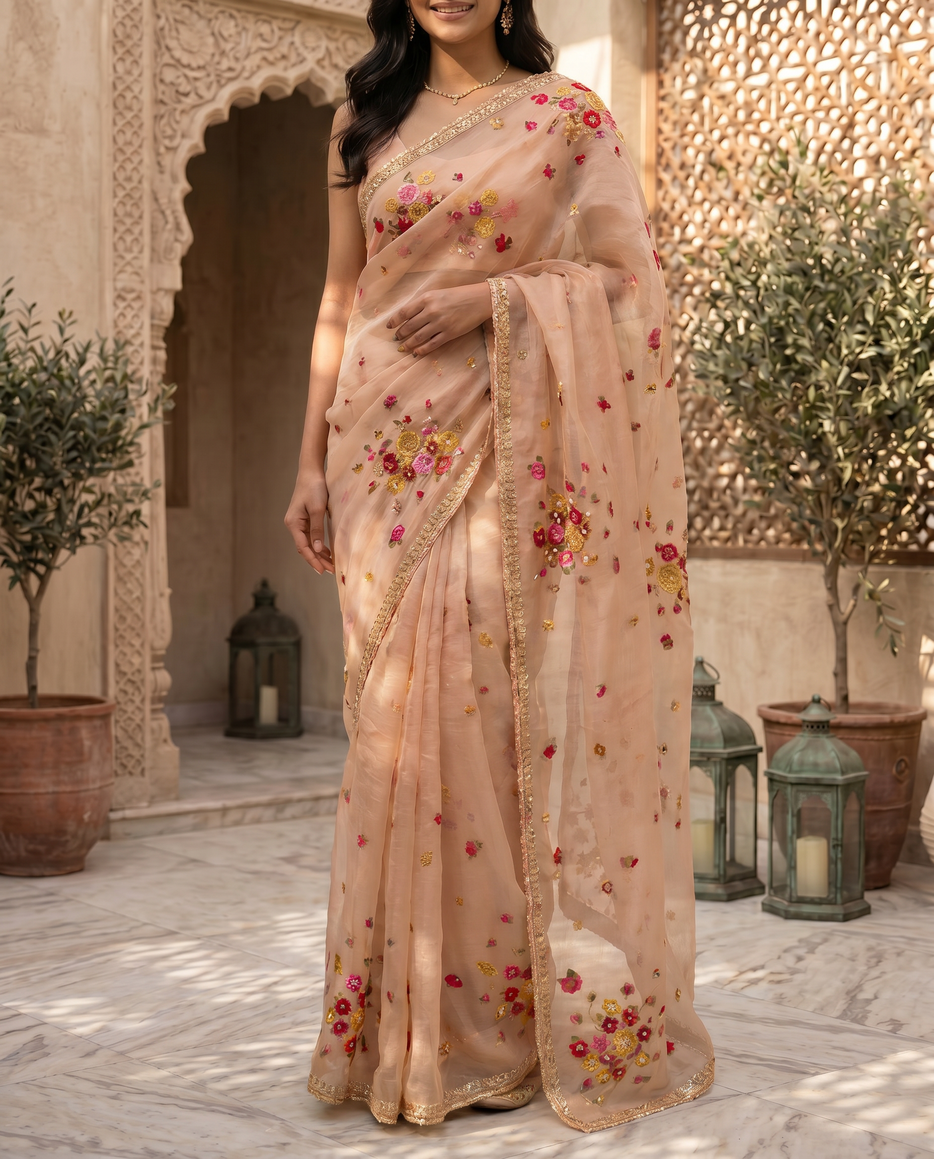 Organza Blush Pink Saree with Multicolor Floral Embroidery & Designer Blouse - output 0 - 05 lower closeup