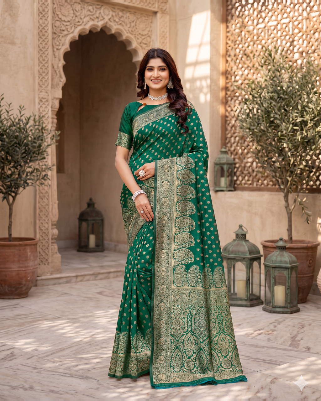 Padmalaya Ornate Paisley Pallu Silk Saree - Dark Green - full saree hero