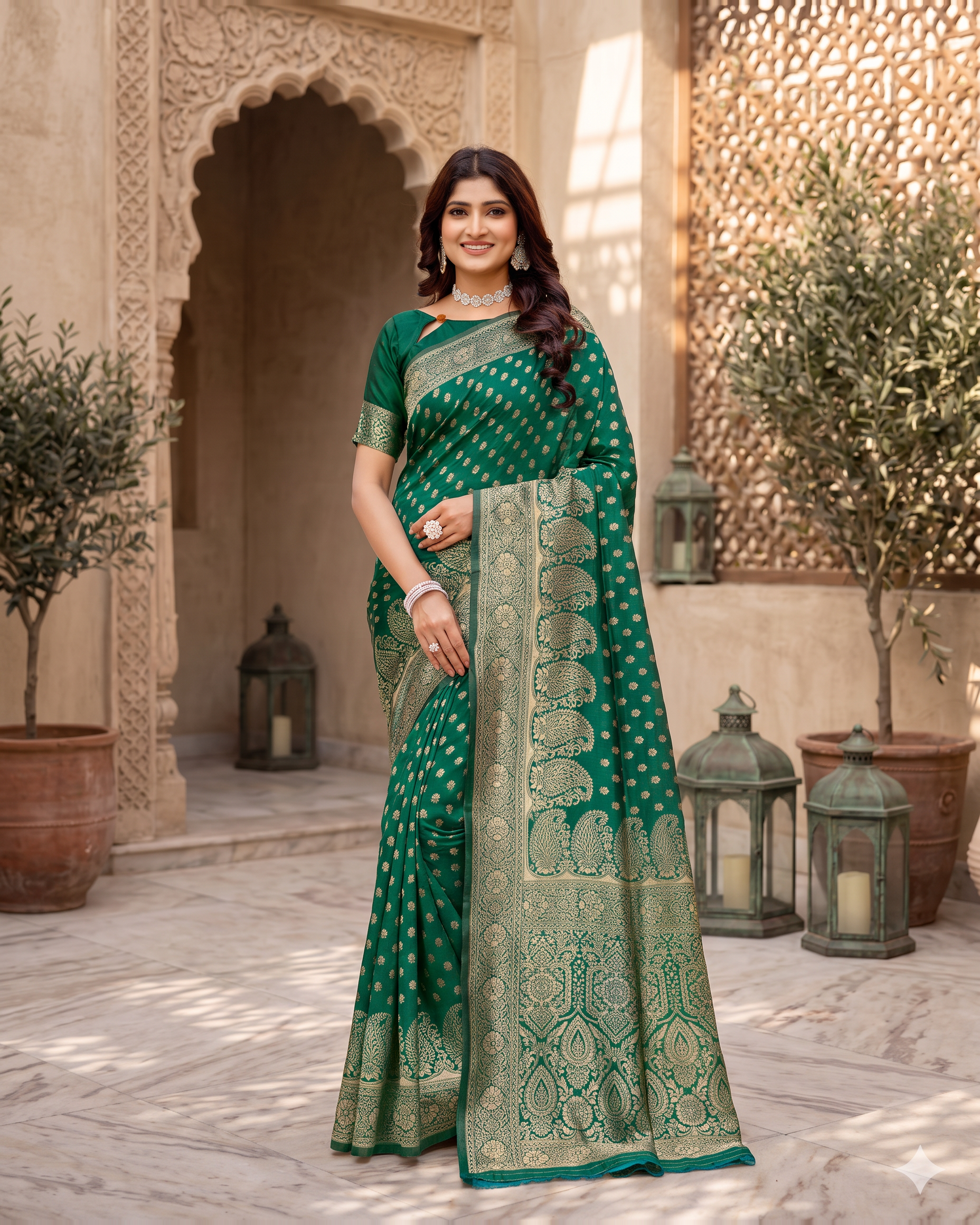 Padmalaya Ornate Paisley Pallu Silk Saree - Dark Green - full saree hero