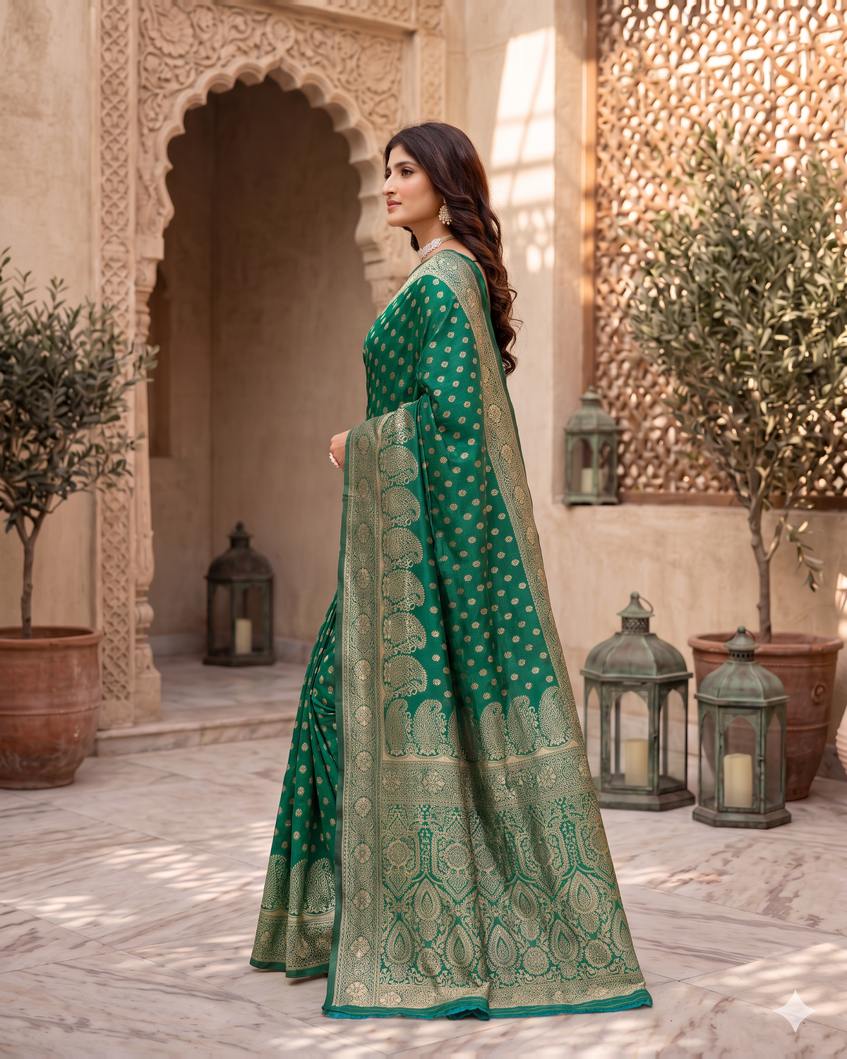 Padmalaya Ornate Paisley Pallu Silk Saree - Dark Green - side drape