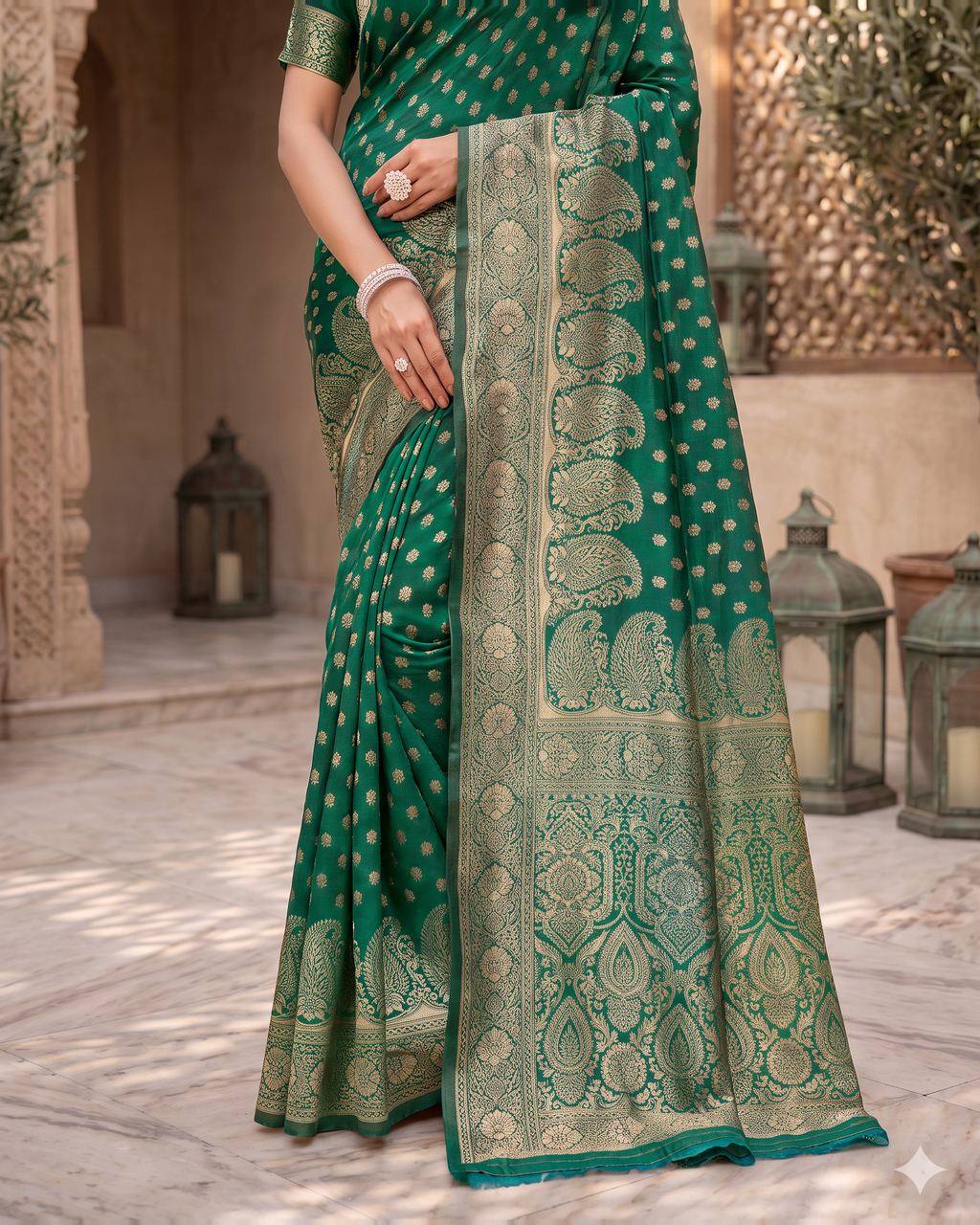 Padmalaya Ornate Paisley Pallu Silk Saree - Dark Green - lower border closeup
