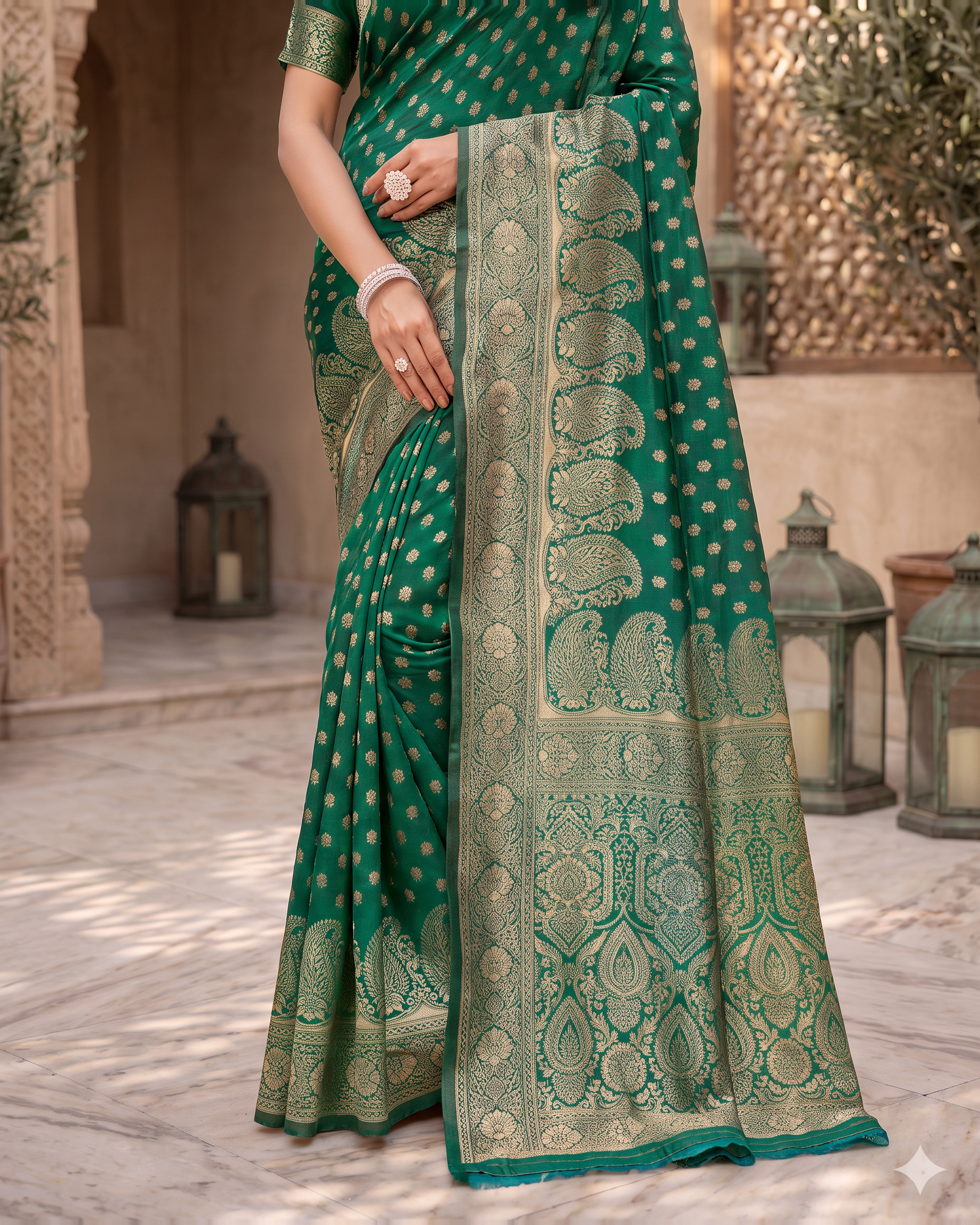 Padmalaya Ornate Paisley Pallu Silk Saree - Dark Green - lower border closeup