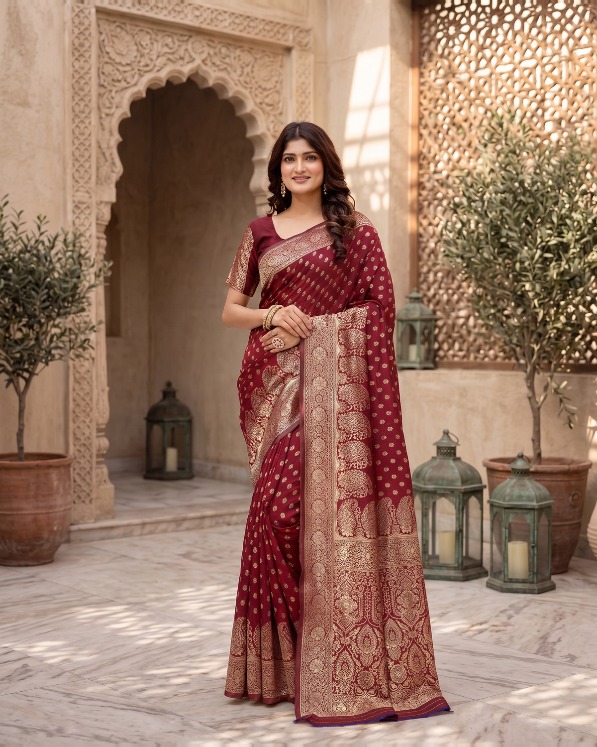 Padmalaya Ornate Paisley Pallu Silk Saree - Maroon - full saree hero