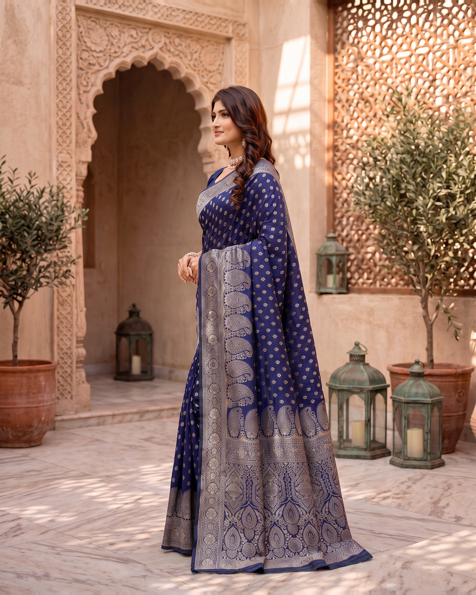 Padmalaya Ornate Paisley Pallu Silk Saree - Navy Blue - side drape
