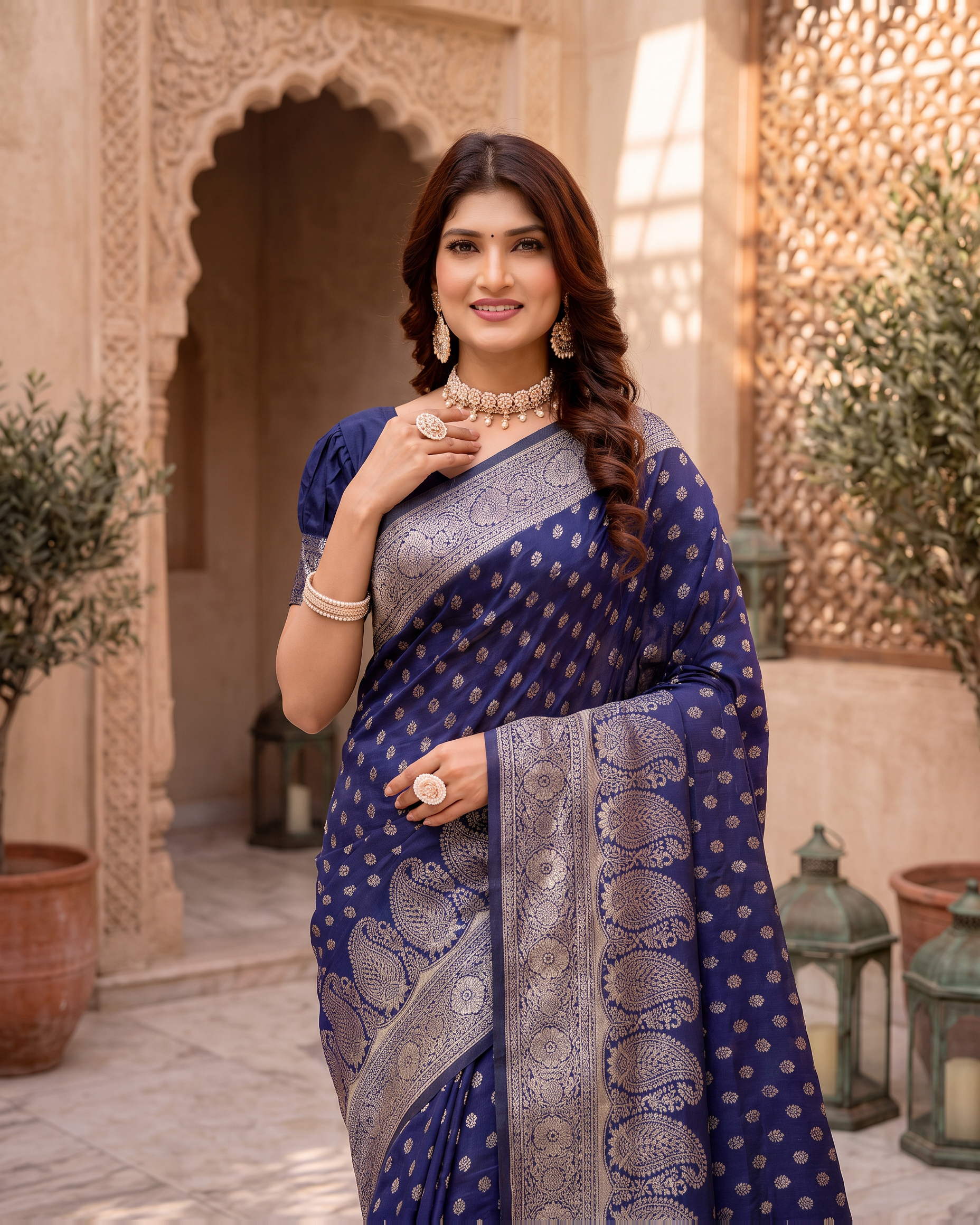 Padmalaya Ornate Paisley Pallu Silk Saree - Navy Blue - upper closeup