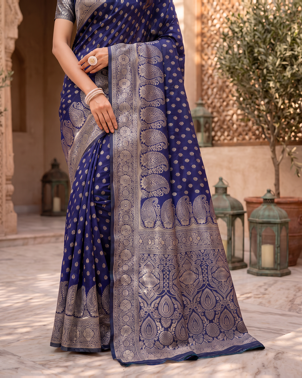 Padmalaya Ornate Paisley Pallu Silk Saree - Navy Blue - lower border closeup