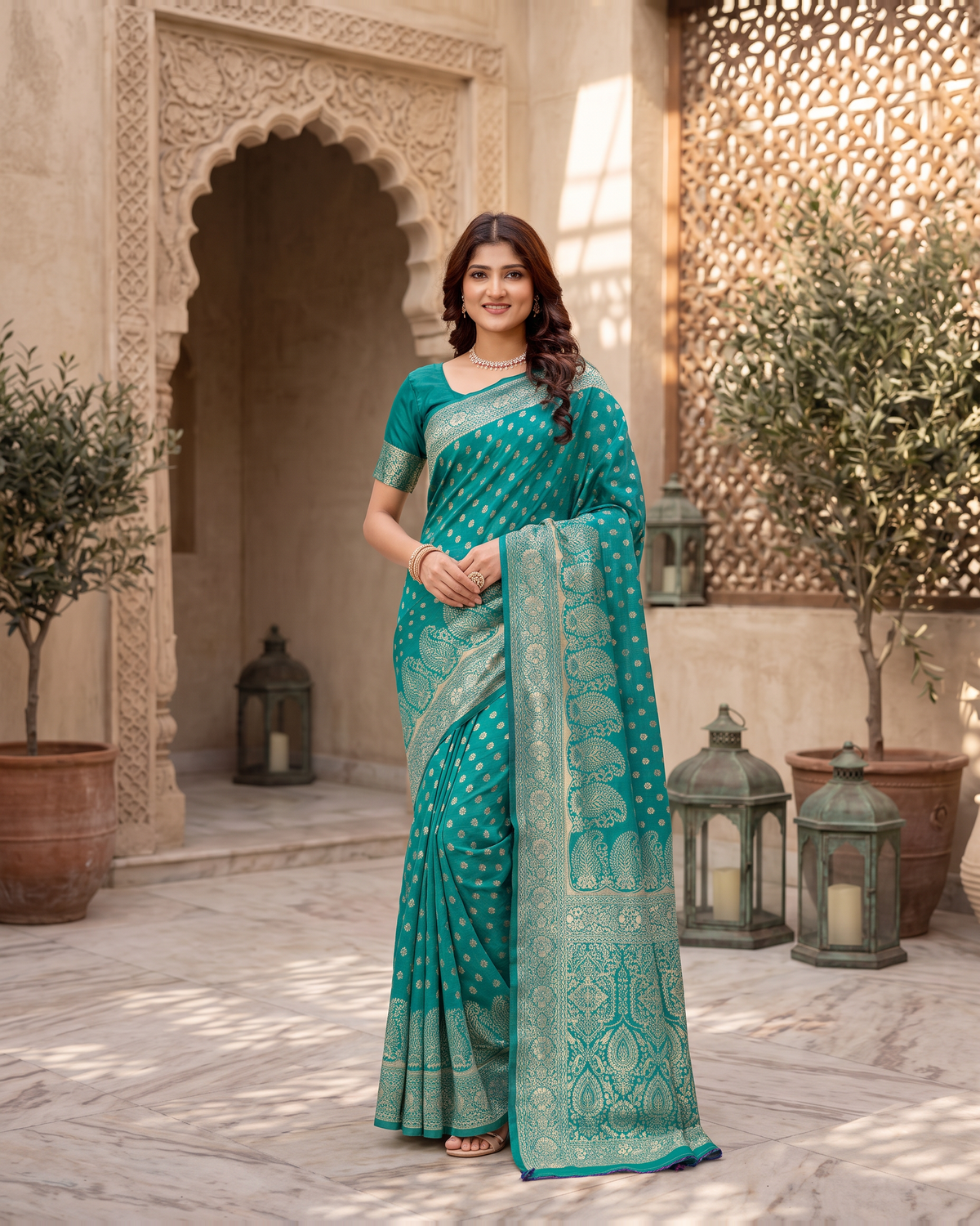 Padmalaya Ornate Paisley Pallu Silk Saree - Rama Green - full saree hero