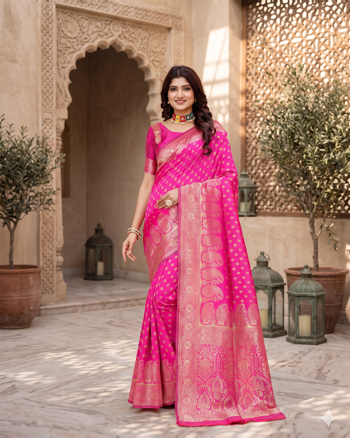 Padmalaya Ornate Paisley Pallu Silk Saree - Rani Pink - full saree hero