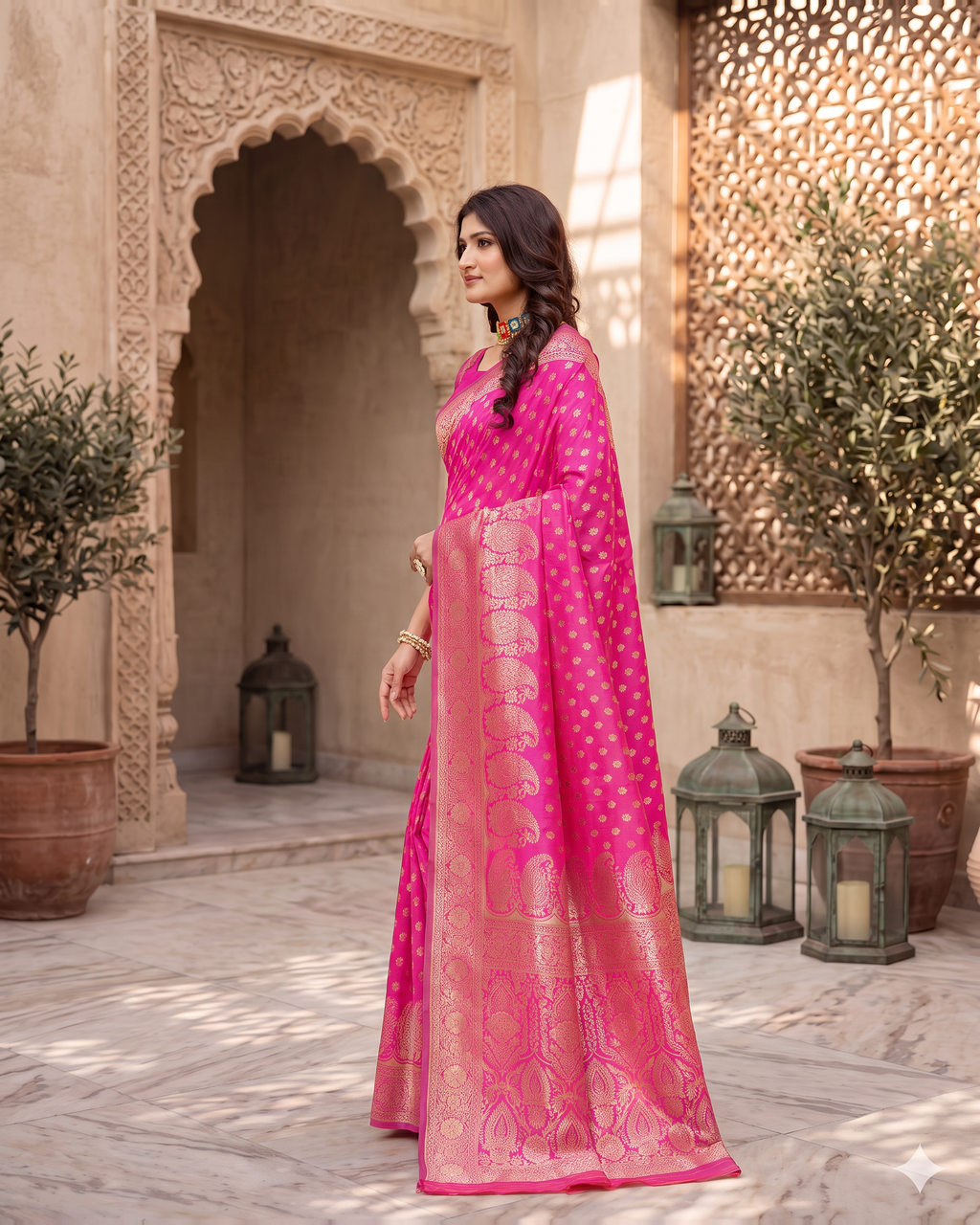 Padmalaya Ornate Paisley Pallu Silk Saree - Rani Pink - side drape