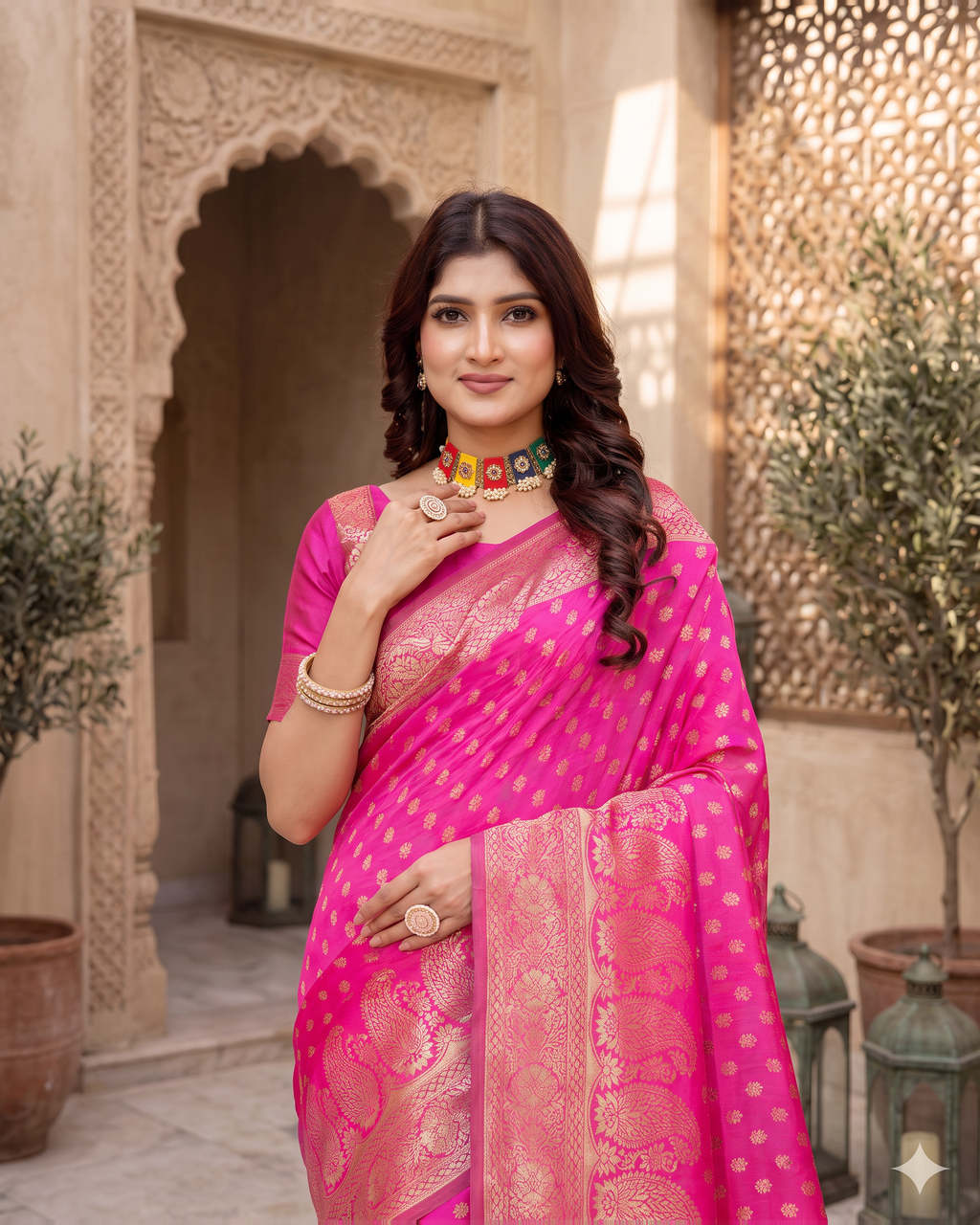 Padmalaya Ornate Paisley Pallu Silk Saree - Rani Pink - upper closeup