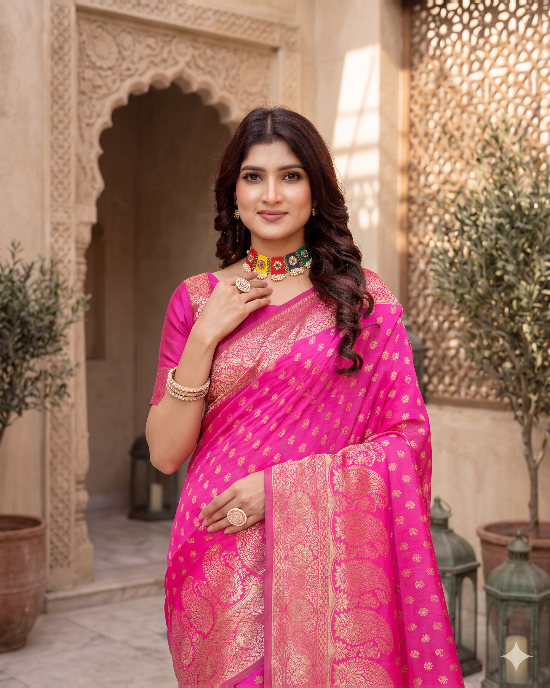 Padmalaya Ornate Paisley Pallu Silk Saree - Rani Pink - upper closeup