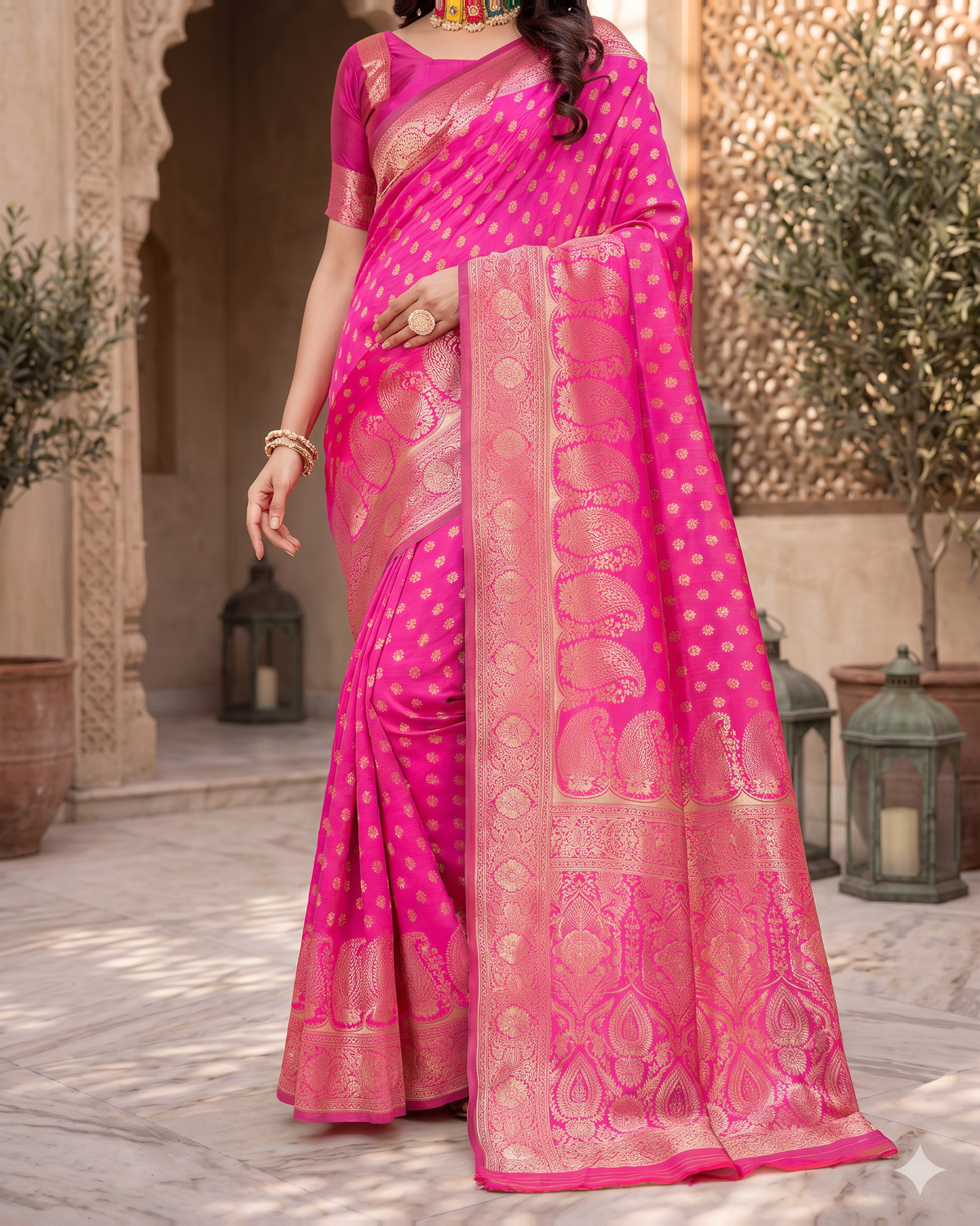Padmalaya Ornate Paisley Pallu Silk Saree - Rani Pink - lower border closeup