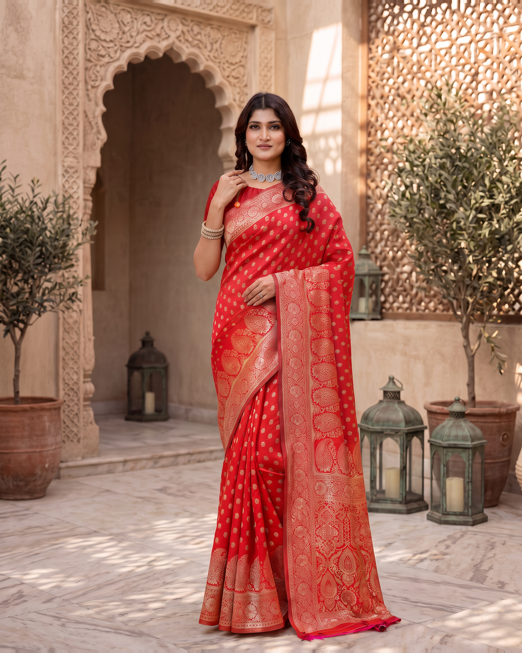 Padmalaya Ornate Paisley Pallu Silk Saree - Red - upper closeup