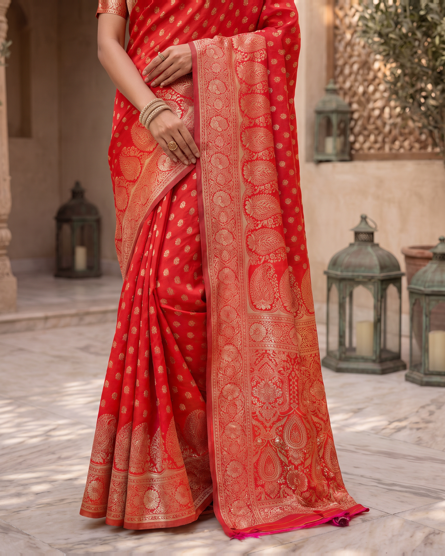 Padmalaya Ornate Paisley Pallu Silk Saree - Red - lower border closeup