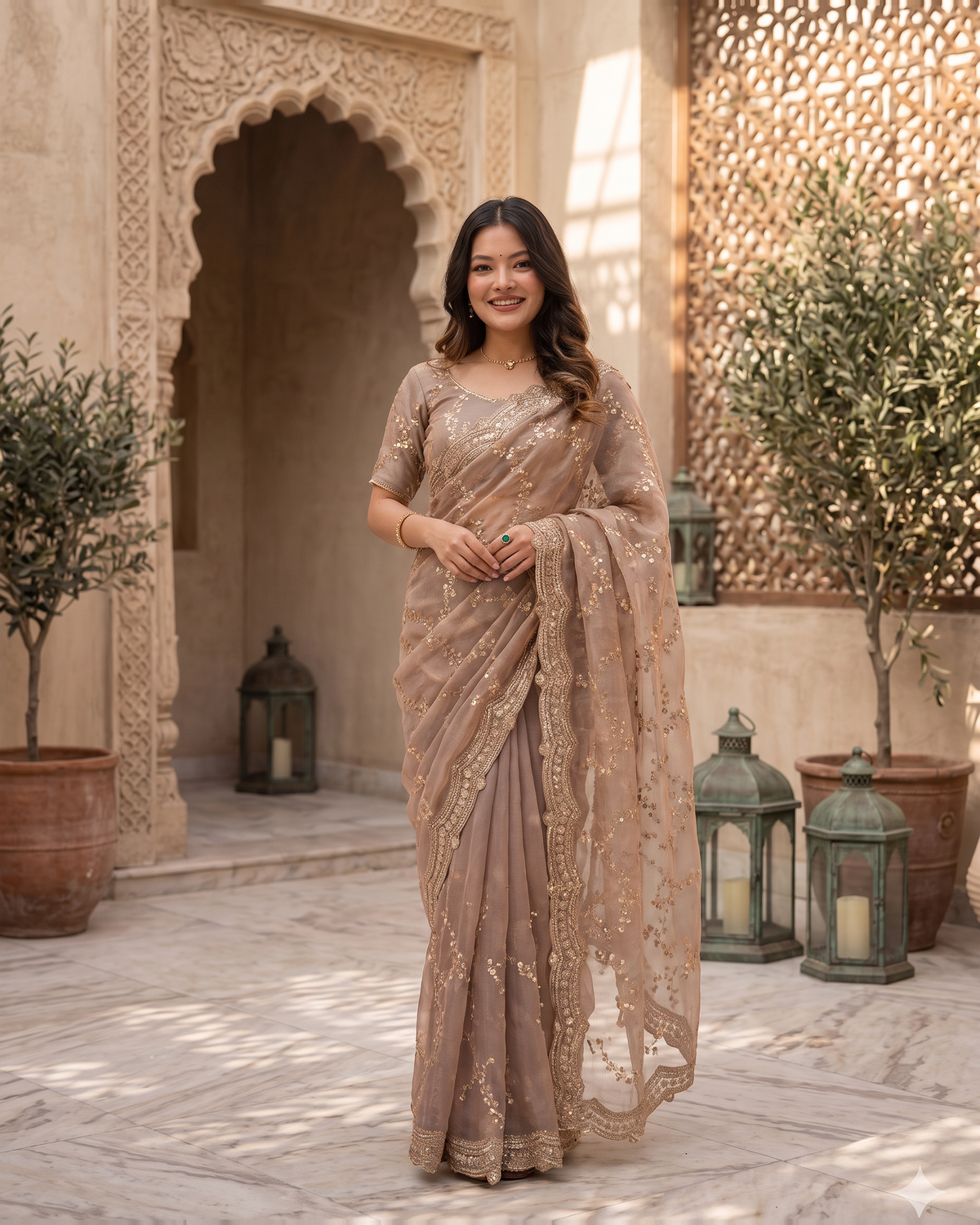Pallavi Embroidered Vine Festive Saree with Delicate Shimmer - Grey - full saree hero