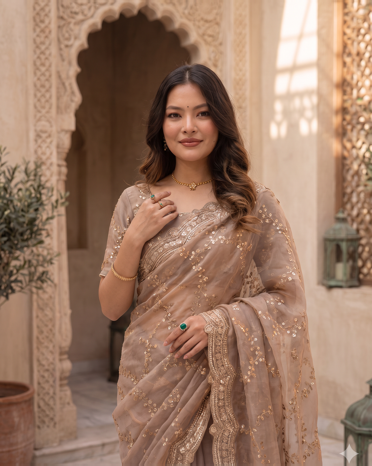 Pallavi Embroidered Vine Festive Saree with Delicate Shimmer - Grey - upper closeup