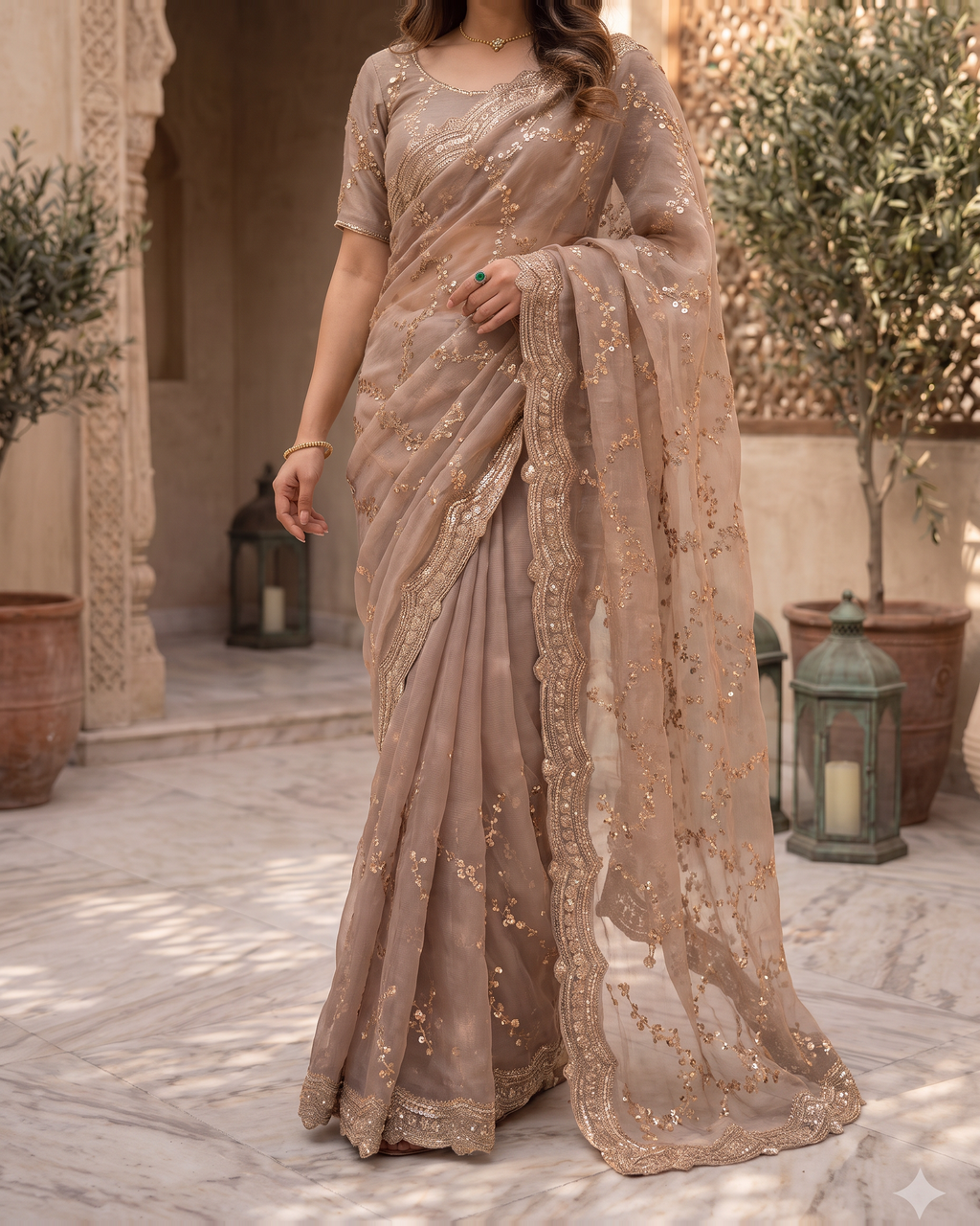 Pallavi Embroidered Vine Festive Saree with Delicate Shimmer - Grey - lower closeup