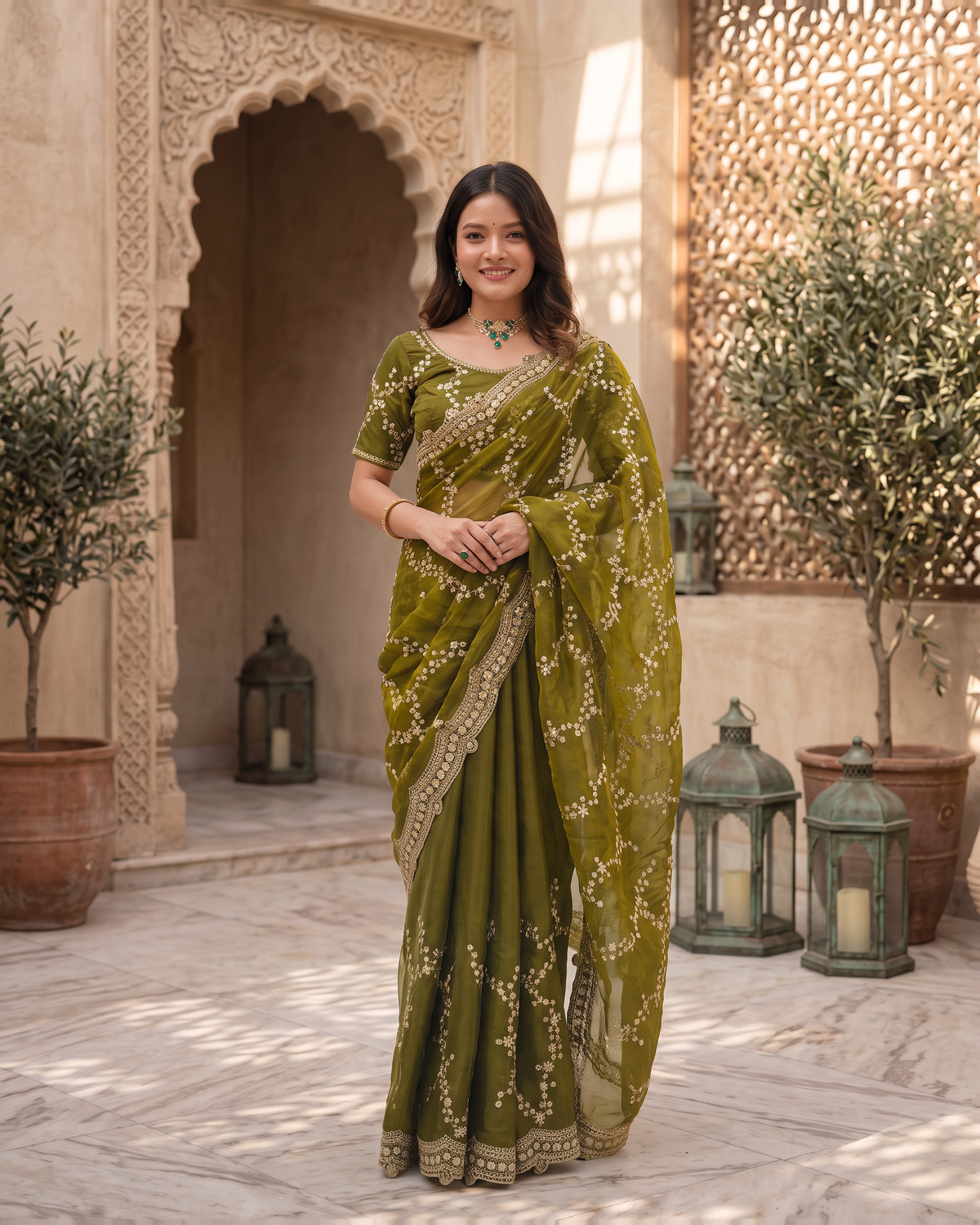 Pallavi Embroidered Vine Festive Saree with Delicate Shimmer - Mehndi - full saree hero