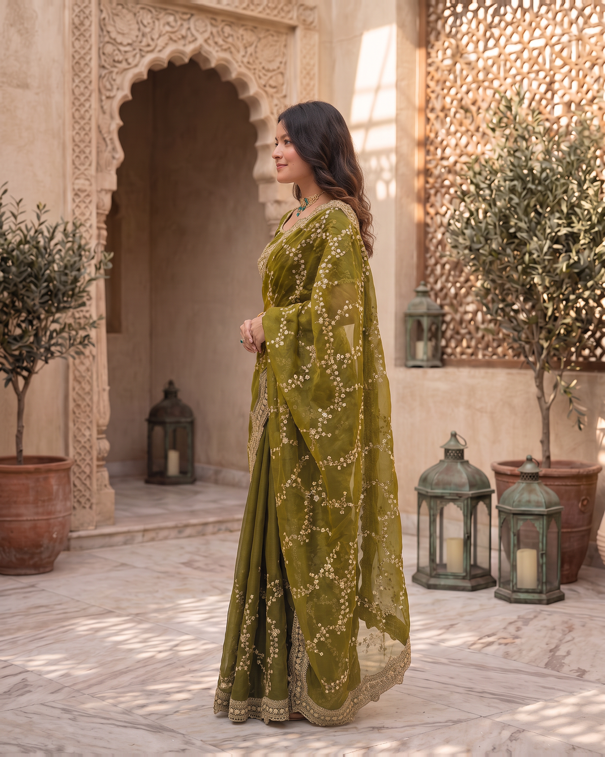 Pallavi Embroidered Vine Festive Saree with Delicate Shimmer - Mehndi - side