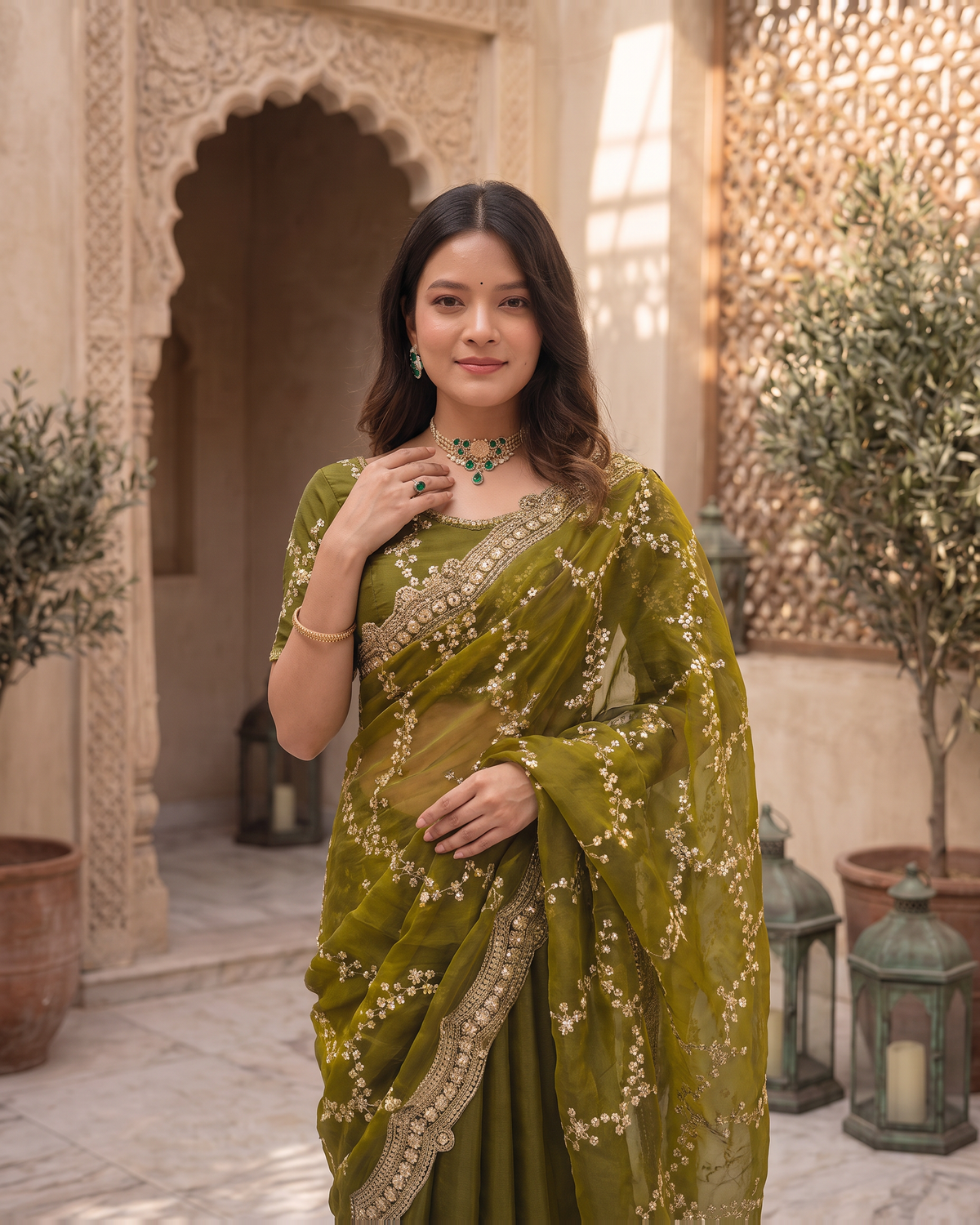 Pallavi Embroidered Vine Festive Saree with Delicate Shimmer - Mehndi - upper closeup