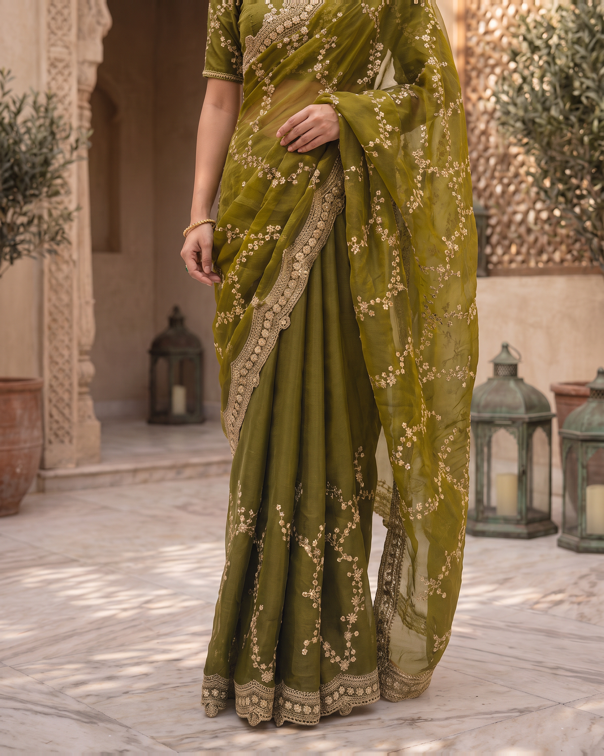 Pallavi Embroidered Vine Festive Saree with Delicate Shimmer - Mehndi - lower closeup