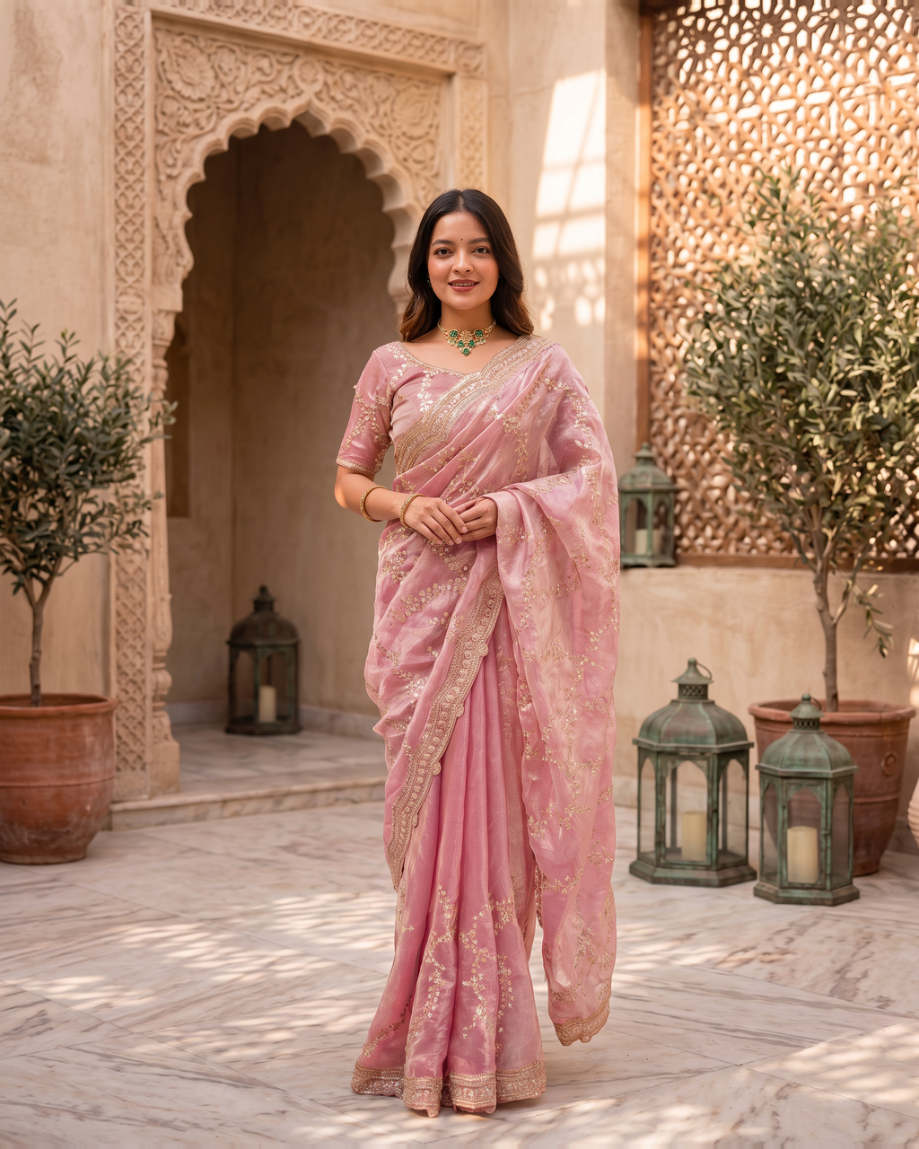 Pallavi Embroidered Vine Festive Saree with Delicate Shimmer - Pink - full saree hero