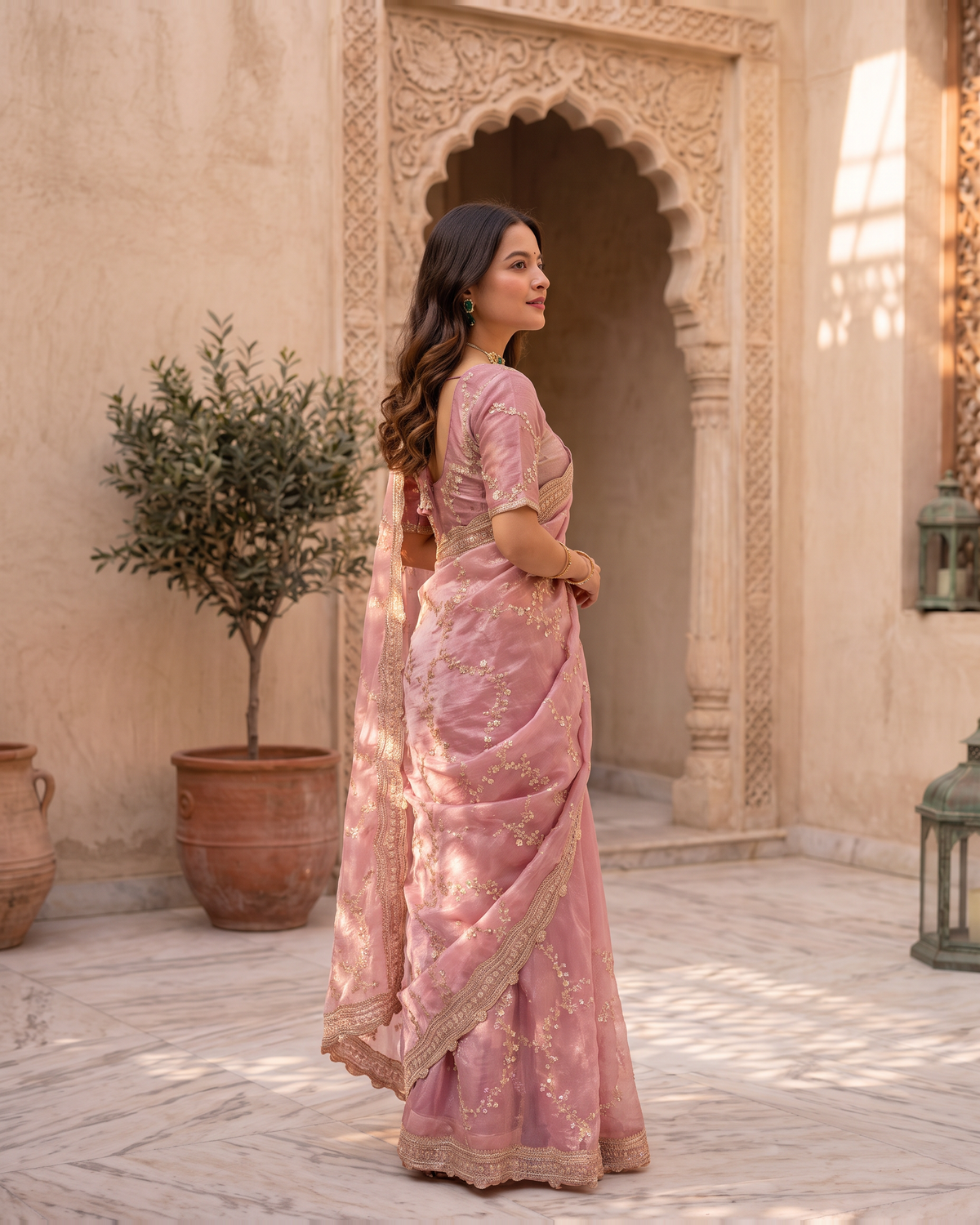 Pallavi Embroidered Vine Festive Saree with Delicate Shimmer - Pink - side