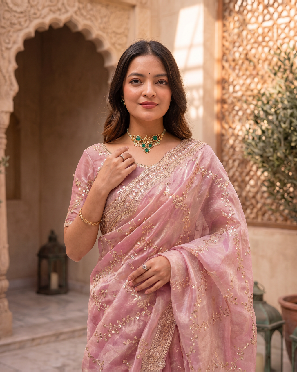 Pallavi Embroidered Vine Festive Saree with Delicate Shimmer - Pink - upper closeup