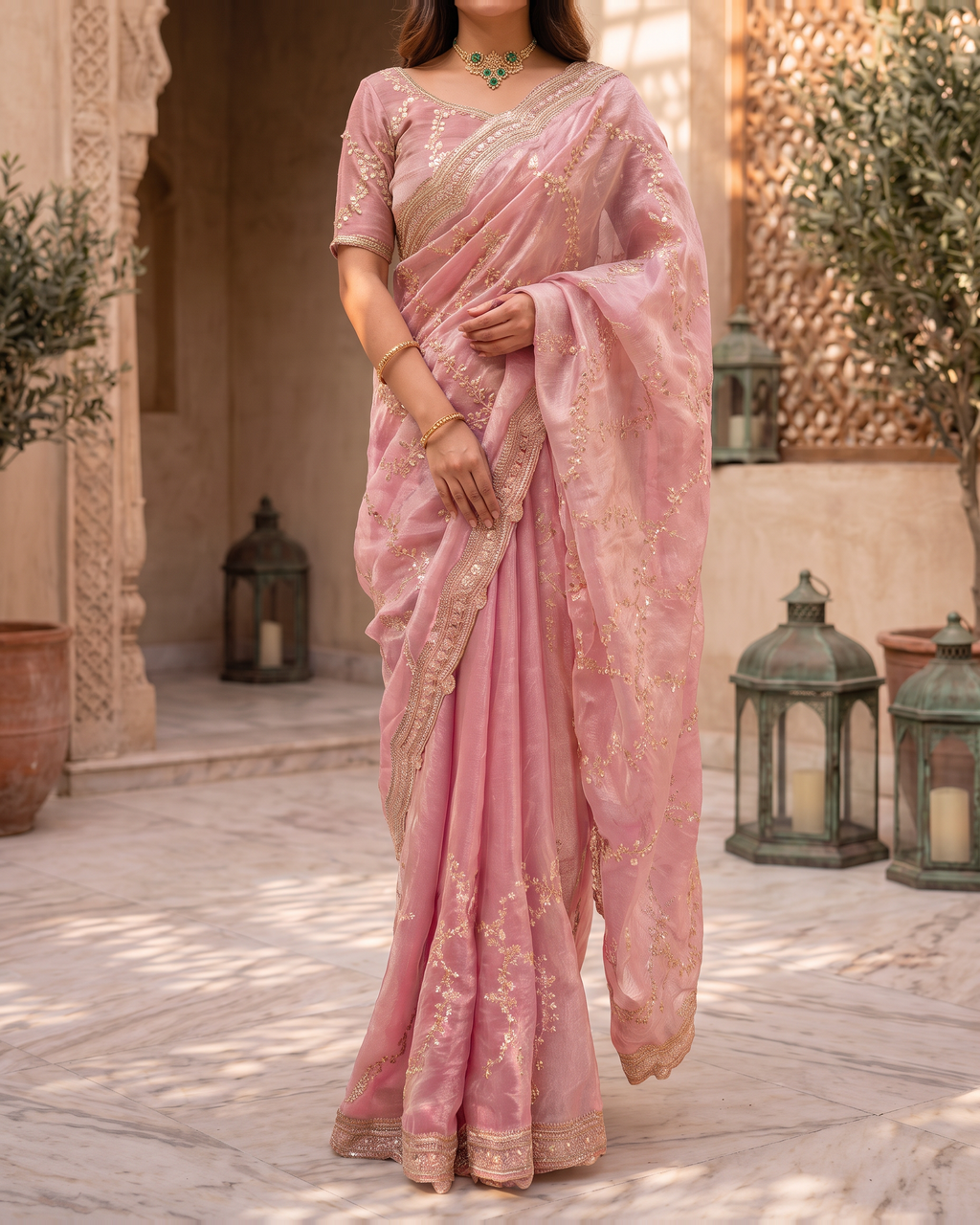 Pallavi Embroidered Vine Festive Saree with Delicate Shimmer - Pink - lower closeup