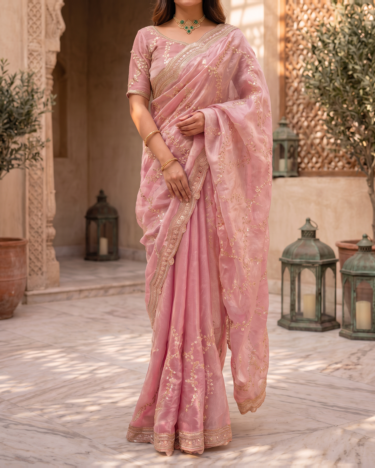 Pallavi Embroidered Vine Festive Saree with Delicate Shimmer - Pink - lower closeup