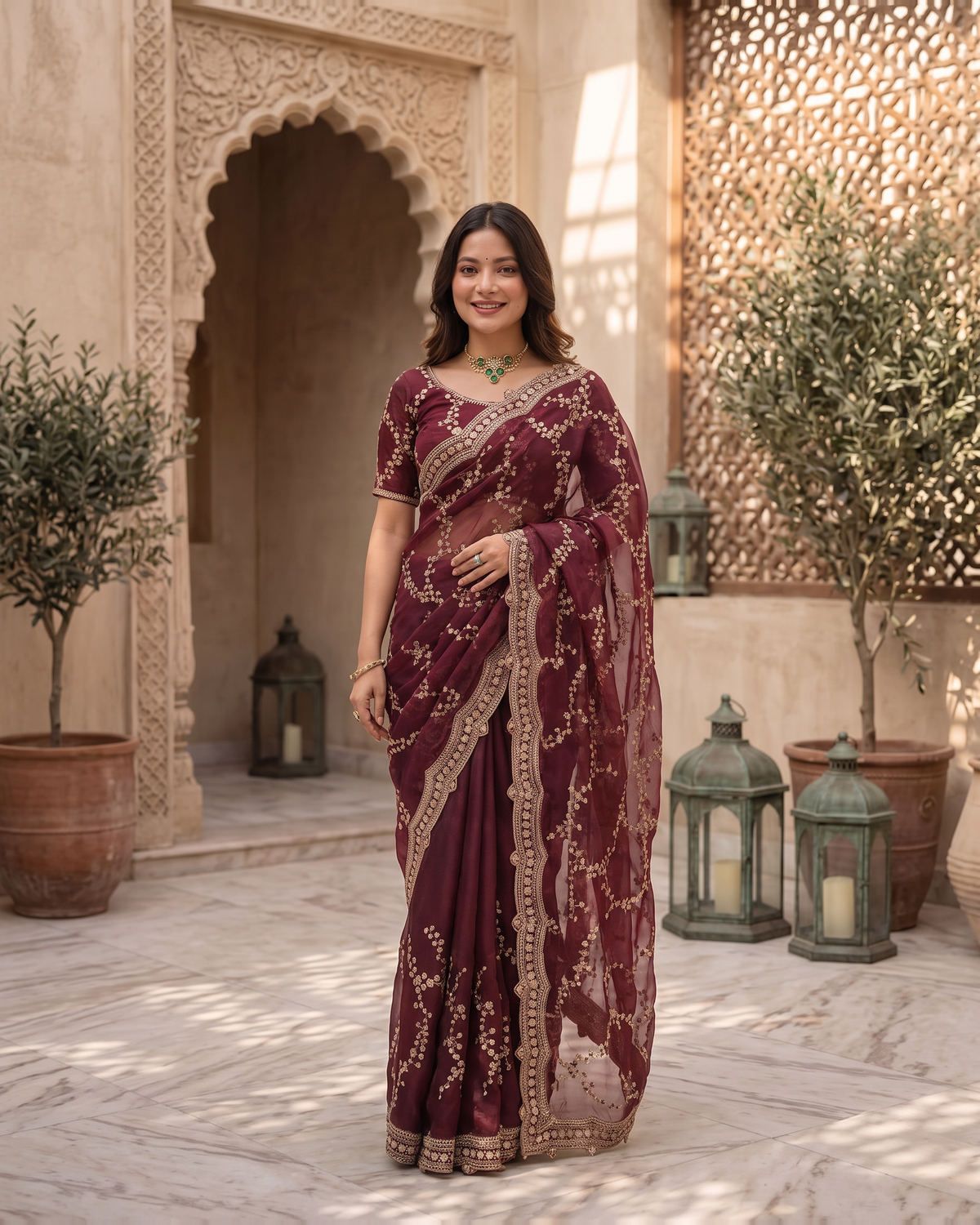 Pallavi Embroidered Vine Festive Saree with Delicate Shimmer - Wine - full saree hero
