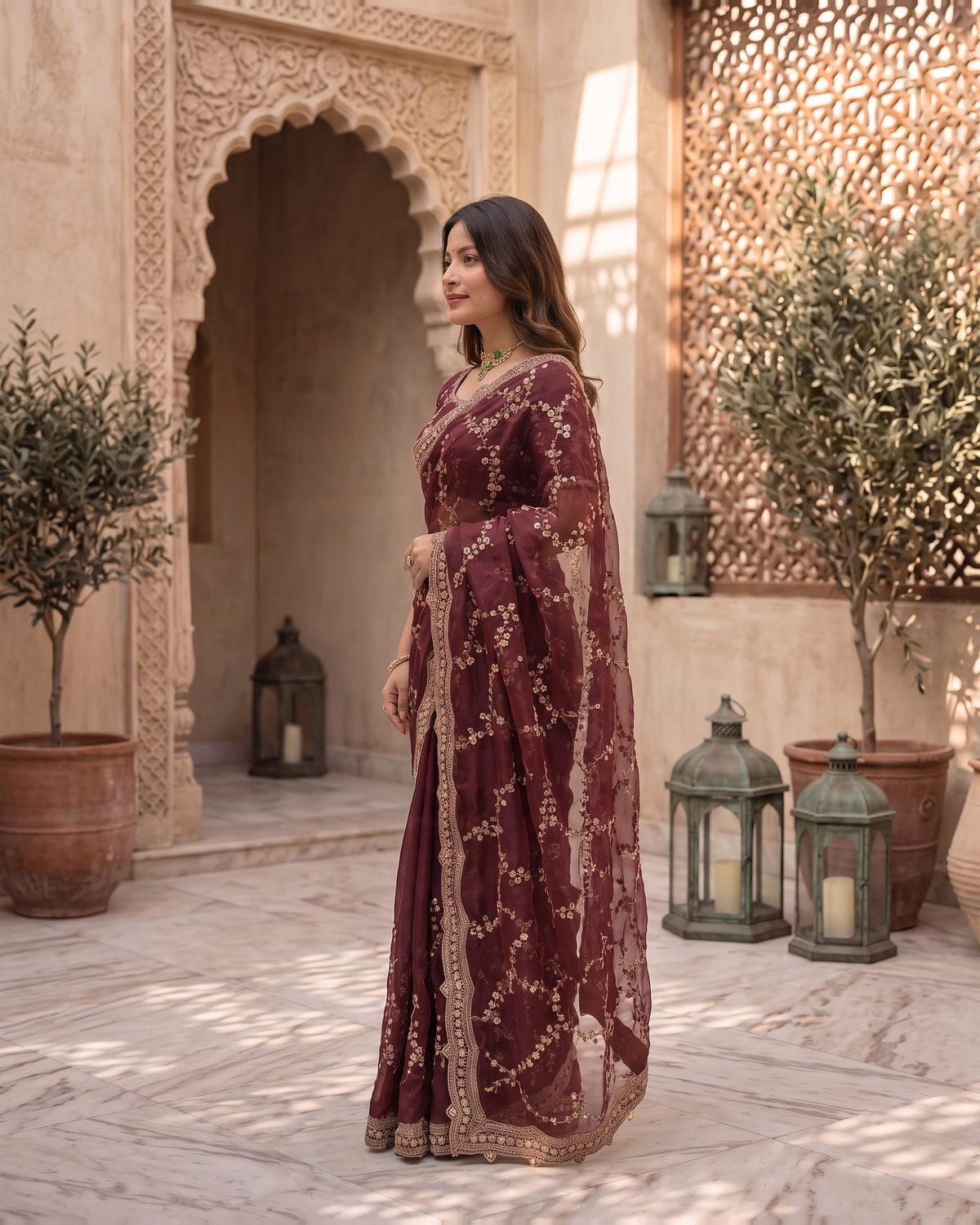Pallavi Embroidered Vine Festive Saree with Delicate Shimmer - Wine - side