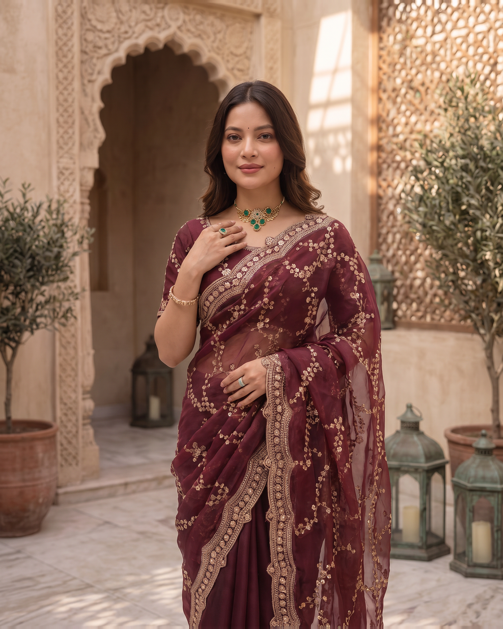 Pallavi Embroidered Vine Festive Saree with Delicate Shimmer - Wine - upper closeup