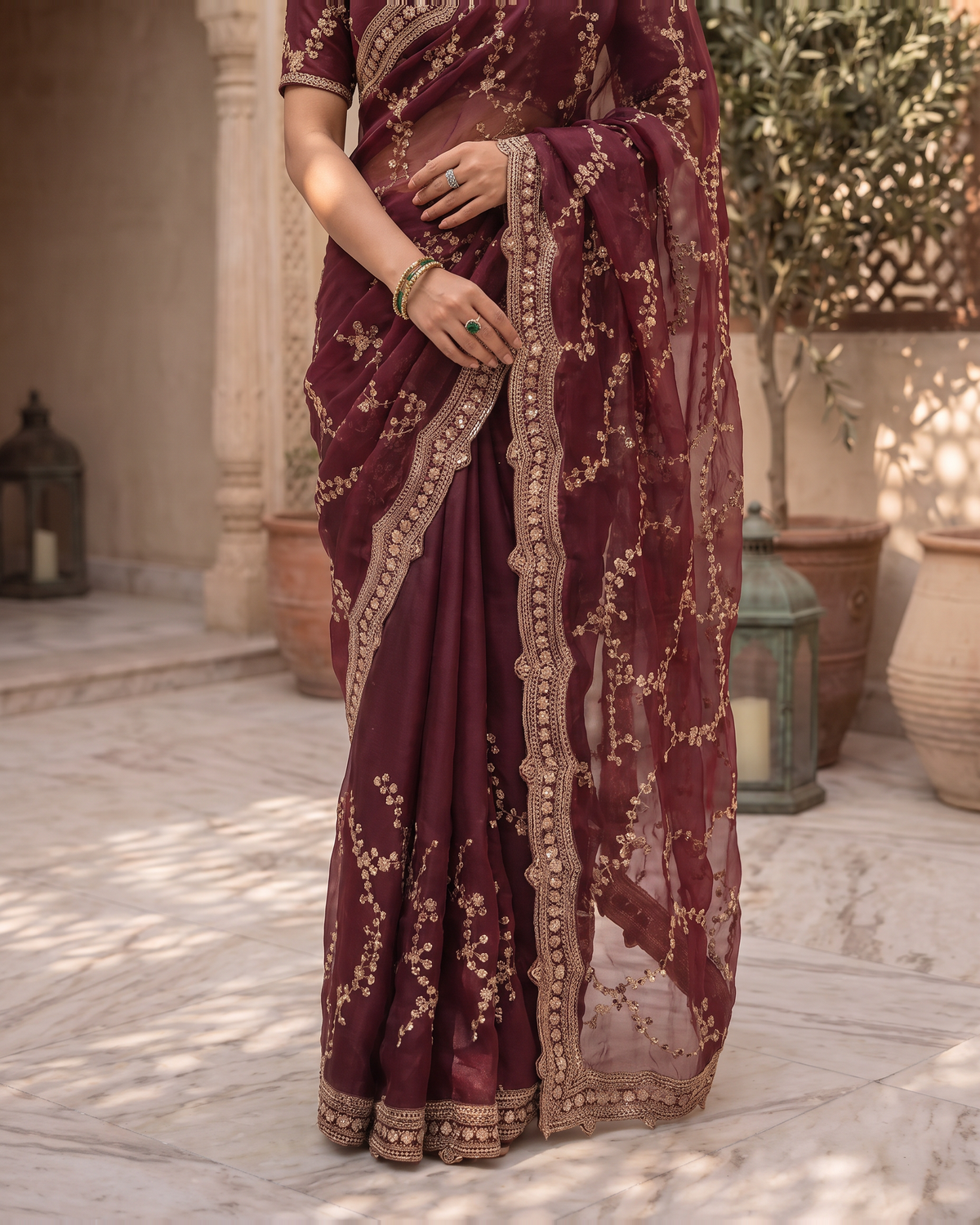 Pallavi Embroidered Vine Festive Saree with Delicate Shimmer - Wine - lower closeup