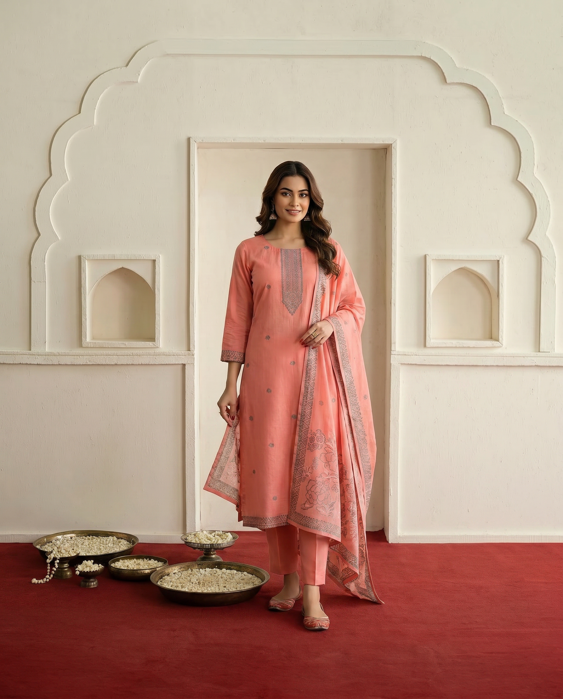 Peach Embroidered Salwar Suit Set - front
