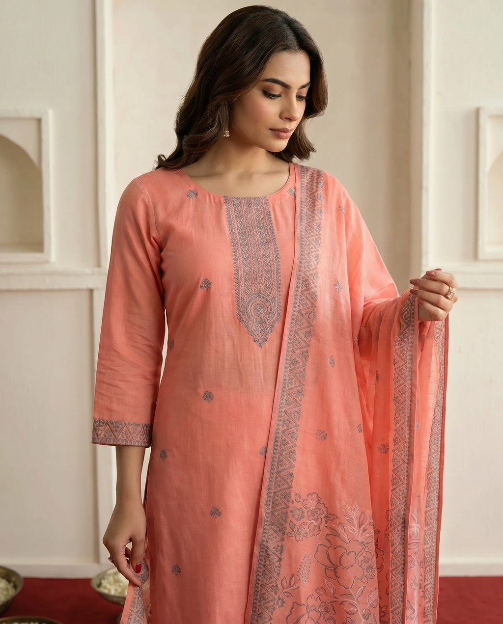 Peach Embroidered Salwar Suit Set - closeup