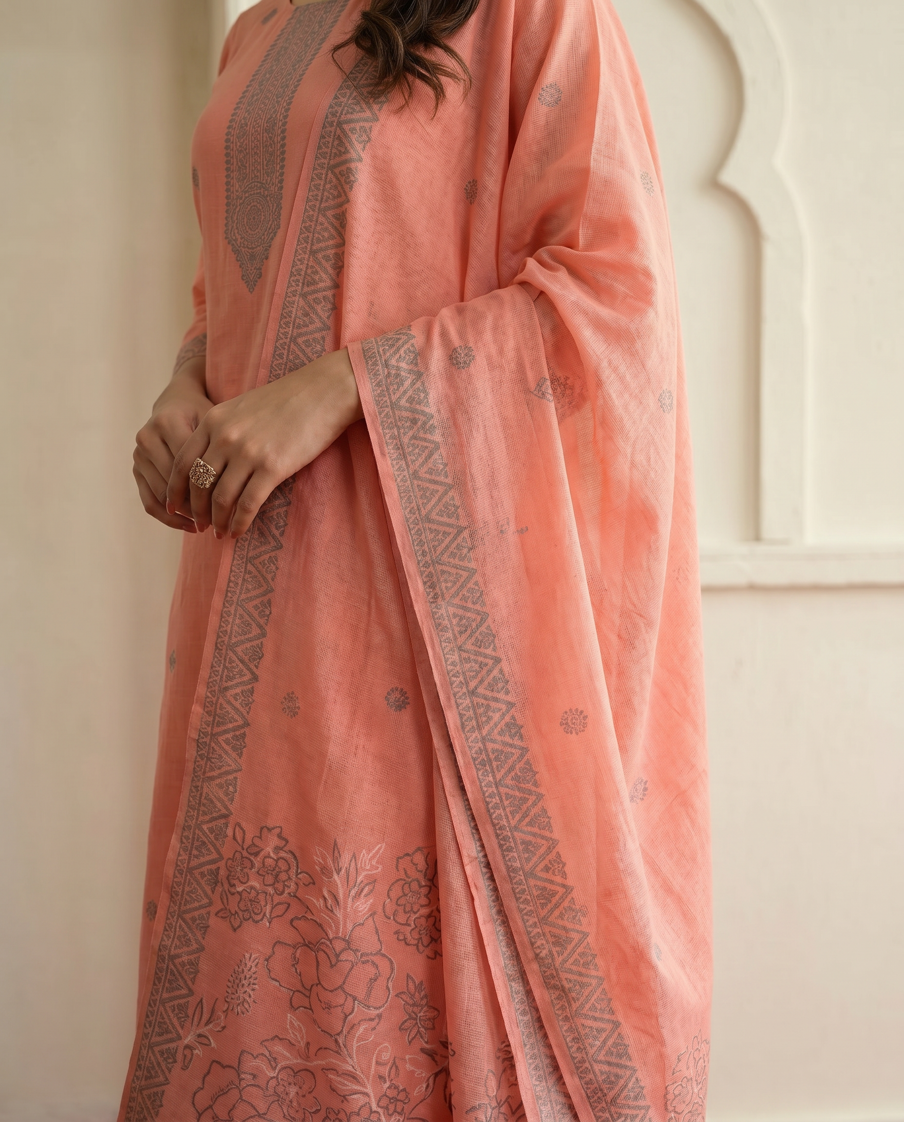 Peach Embroidered Salwar Suit Set - dupatta