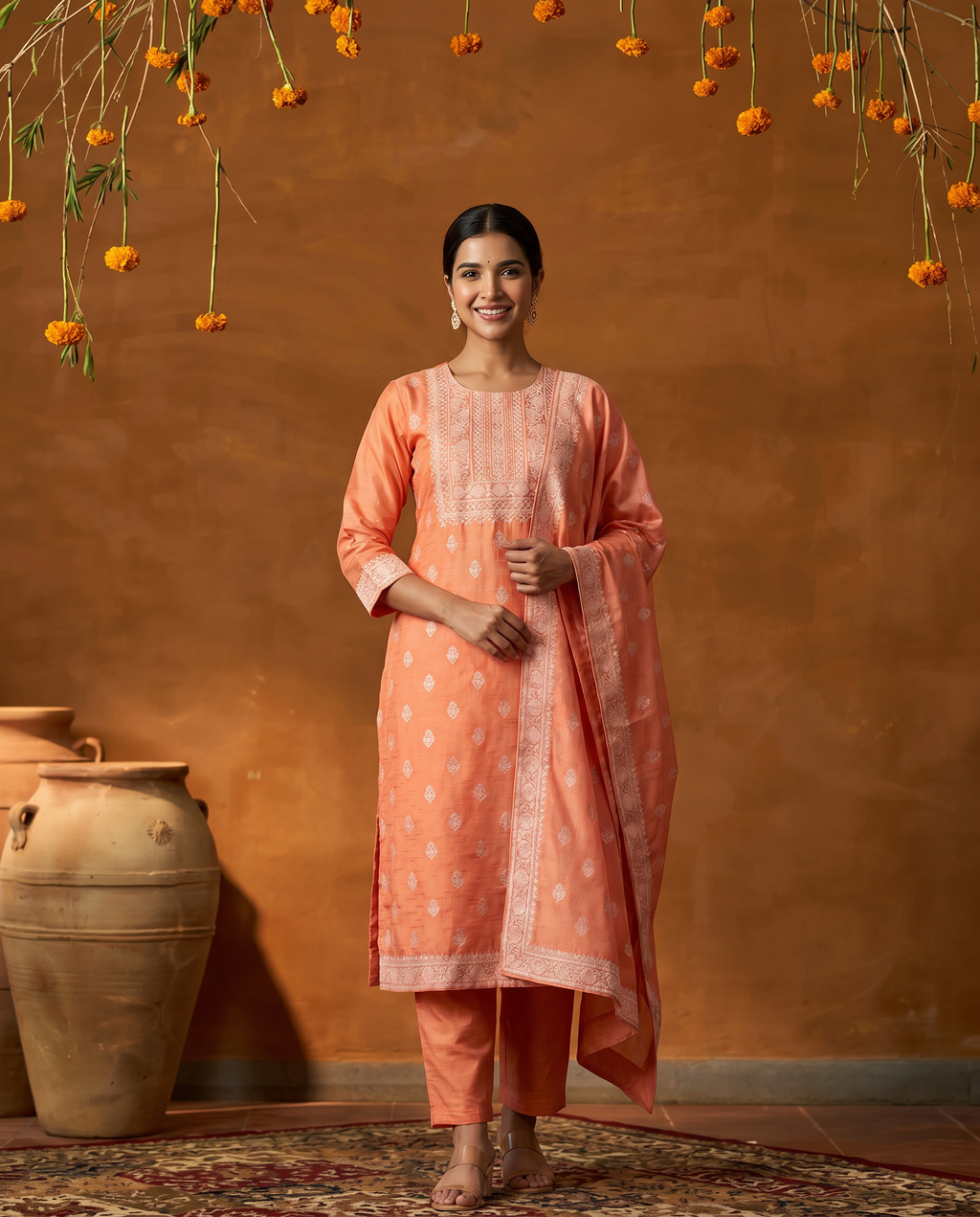 Peach Embroidered Salwar Suit Set with White Border - front